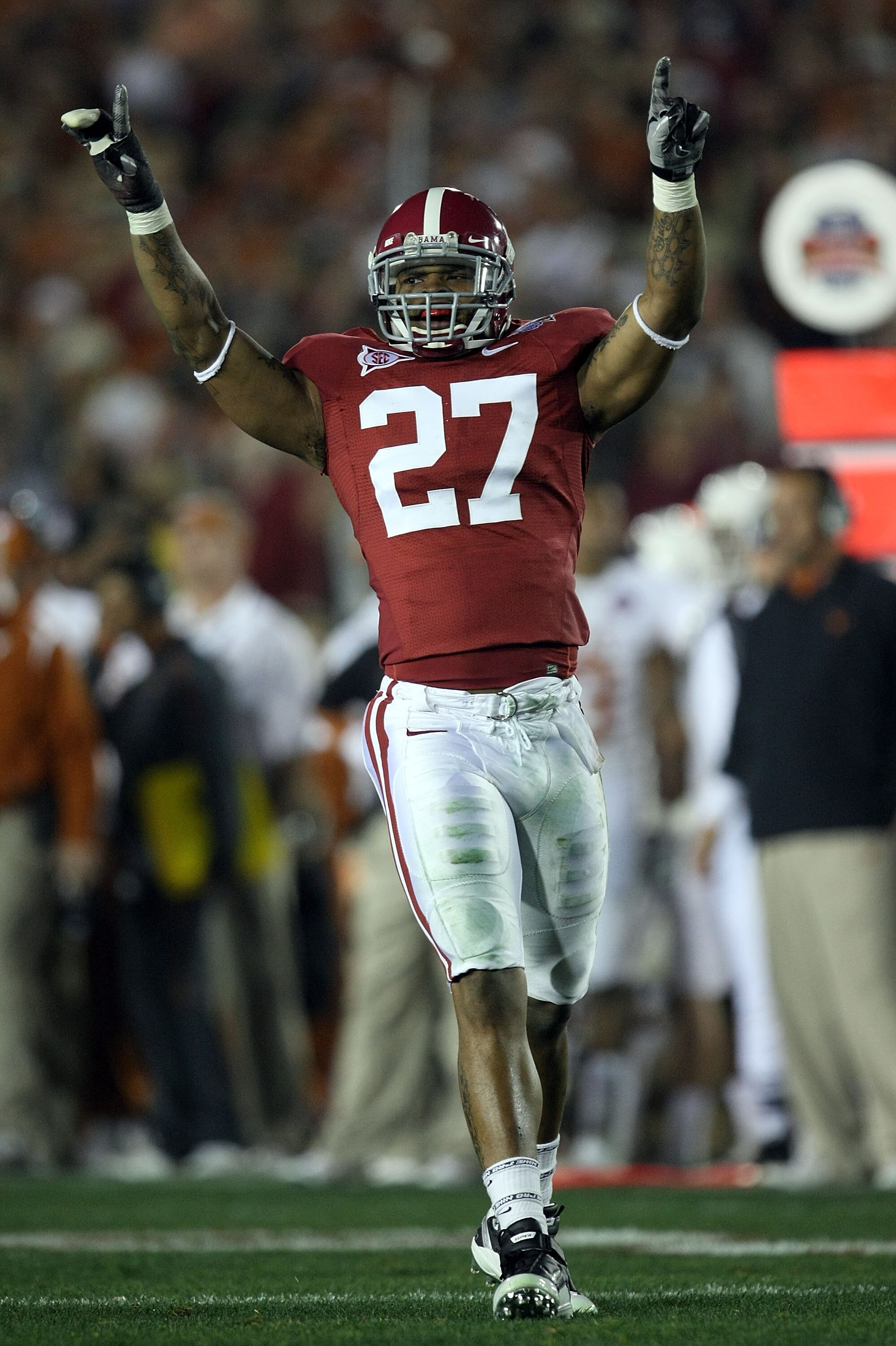 PASADENA, CA - JANUARY 07:  Cornerback Justin Woodall #27 of the Alabama Crimson Tide celebrates after winning the Citi BCS National Championship game over the Texas Longhorns at the Rose Bowl on January 7, 2010 in Pasadena, California. The Crimson Tide d