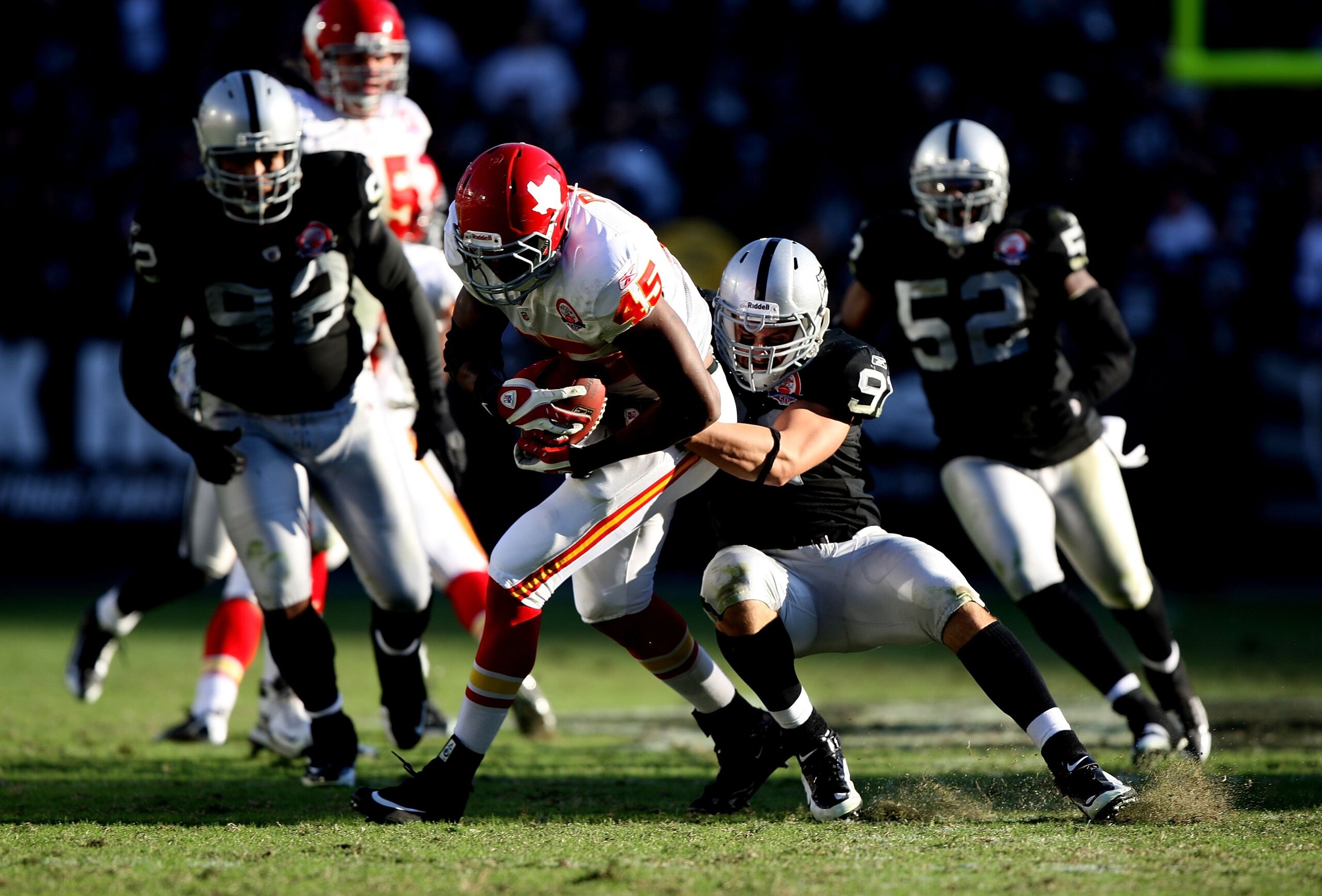 OAKLAND, CA - NOVEMBER 15: Leonard Pope #45 of the Kansas City Chiefs runs against the Oakland Raiders during an NFL game at Oakland-Alameda County Coliseum on November 15, 2009 in Oakland, California. (Photo by Jed Jacobsohn/Getty Images) OAKLAND, CA - NOVEMBER 15: Leonard Pope #45 of the Kansas City Chiefs runs against the Oakland Raiders during an NFL game at Oakland-Alameda County Coliseum on November 15, 2009 in Oakland, California. (Photo by Jed Jacobsohn/Getty Images)