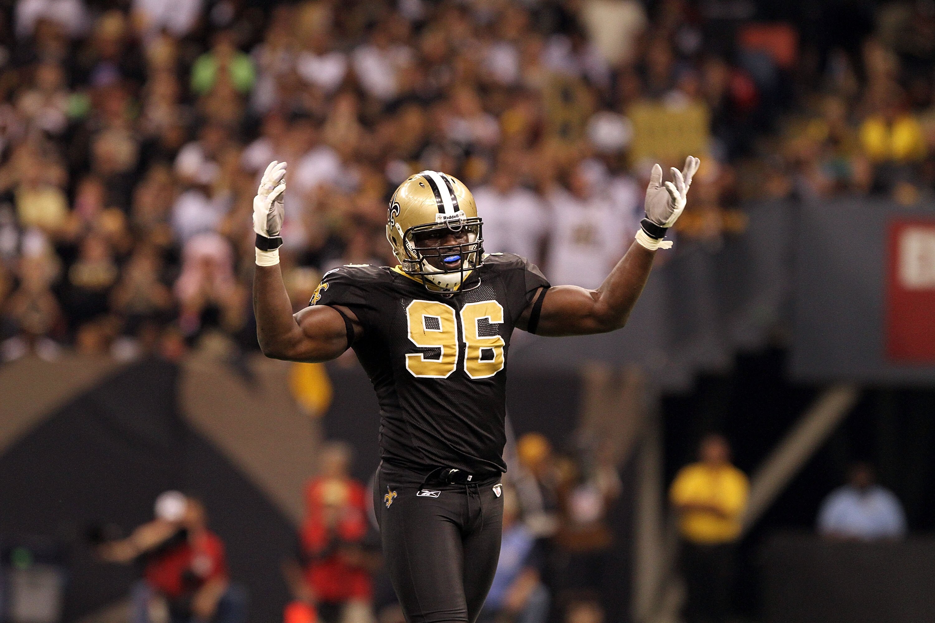NEW ORLEANS, LA - OCTOBER 31: Alex Brown #96 of the New Orleans Saints reacts to a play during the game against the Pittsburgh Steelers at the Louisiana Superdome on October 31, 2010 in New Orleans, Louisiana. (Photo by Matthew Sharpe/Getty Images) NEW ORLEANS, LA - OCTOBER 31: Alex Brown #96 of the New Orleans Saints reacts to a play during the game against the Pittsburgh Steelers at the Louisiana Superdome on October 31, 2010 in New Orleans, Louisiana. (Photo by Matthew Sharpe/Getty Images)