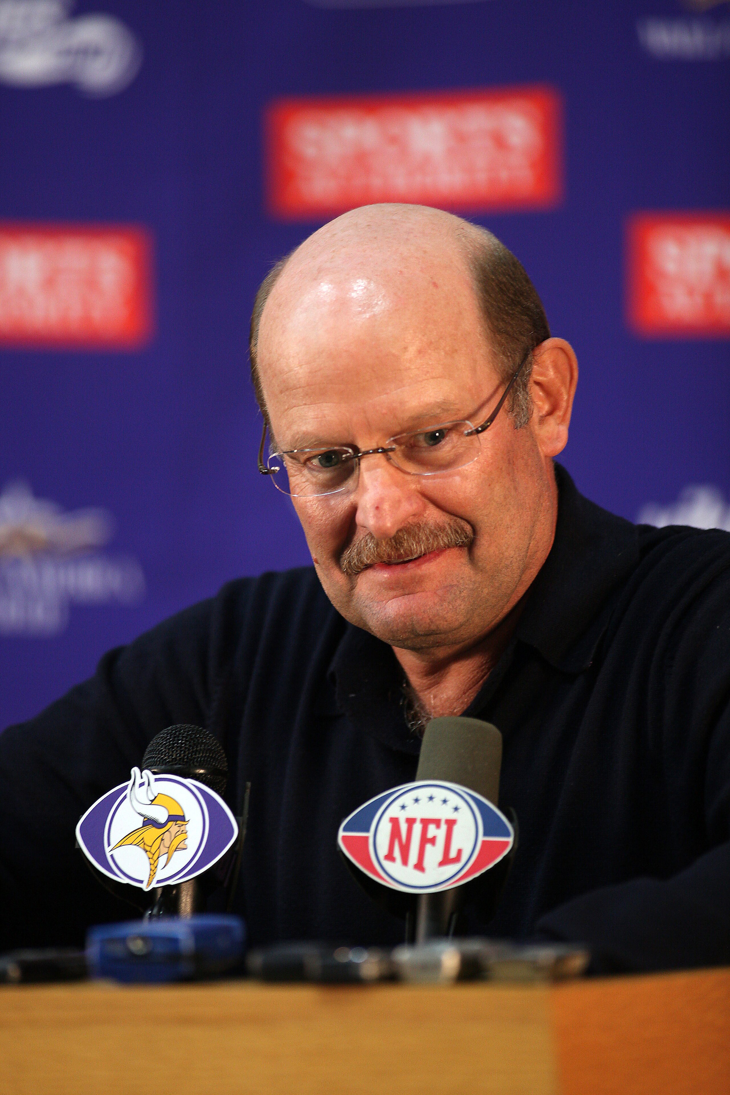 EDEN PRAIRIE, MN - OCTOBER 6: Minnesota Vikings head coach Brad Childress answers questions from the media during a press conference at Winter Park on October 6, 2010 in Eden Prairie, Minnesota. Childress made it official that the Vikings signed wide rece
