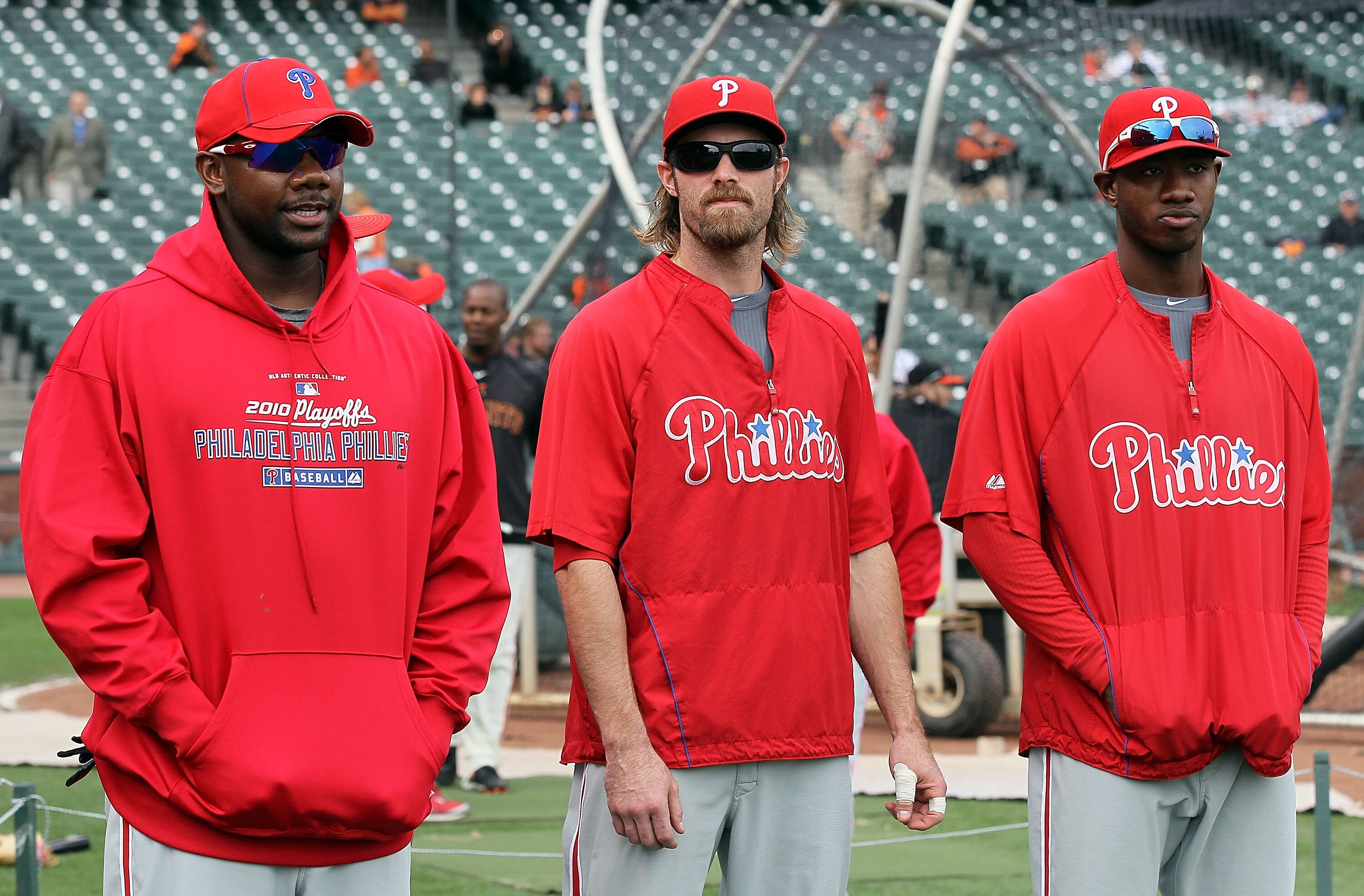 SAN FRANCISCO - OCTOBER 21:  Ryan Howard #6, Jayson Werth #28, and Domonic Brown #9 of the Philadelphia Phillies stand on the field prior to playing the San Francisco Giants in Game Five of the NLCS during the 2010 MLB Playoffs at AT&T Park on October 21,