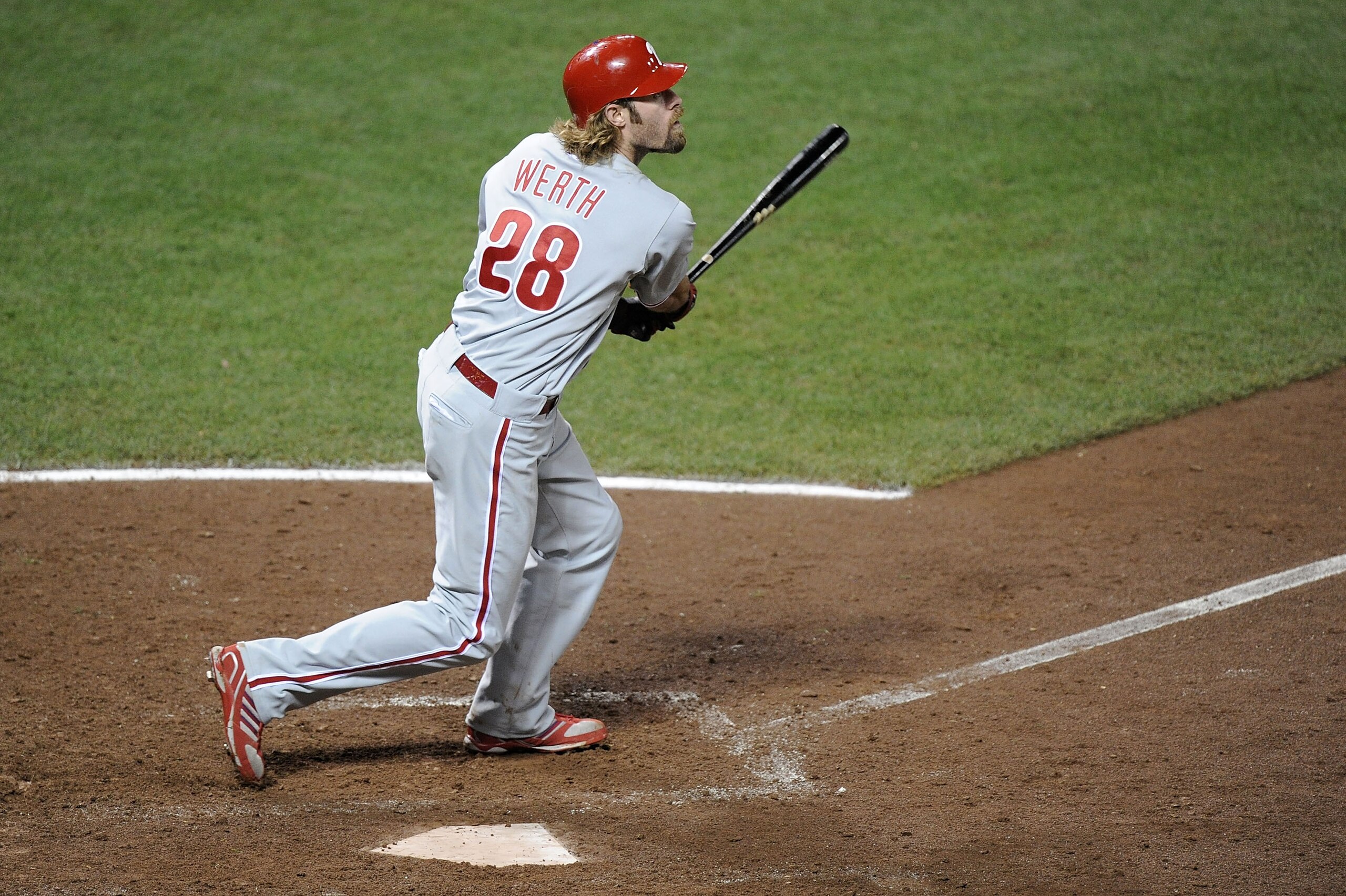 SAN FRANCISCO - OCTOBER 21:  Jayson Werth #28 of the Philadelphia Phillies hits a solo homerun off Ramon Ramirez #52 of the San Francisco Giants in the ninth inning of Game Five of the NLCS during the 2010 MLB Playoffs at AT&T Park on October 21, 2010 in