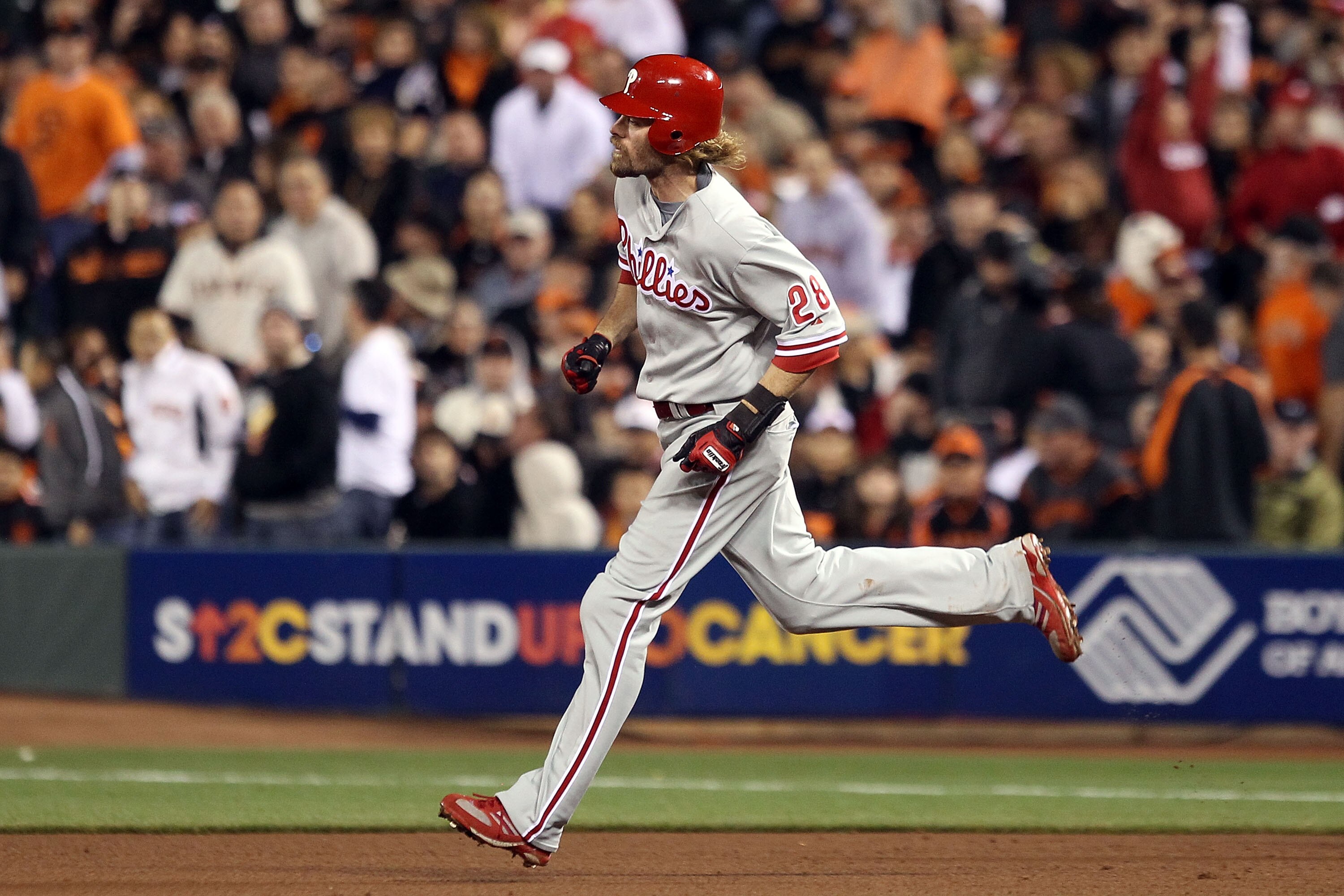 SAN FRANCISCO - OCTOBER 21:  Jayson Werth #28 of the Philadelphia Phillies runs the bases after hitting a solo homerun off Ramon Ramirez #52 of the San Francisco Giants in the ninth inning of Game Five of the NLCS during the 2010 MLB Playoffs at AT&T Park