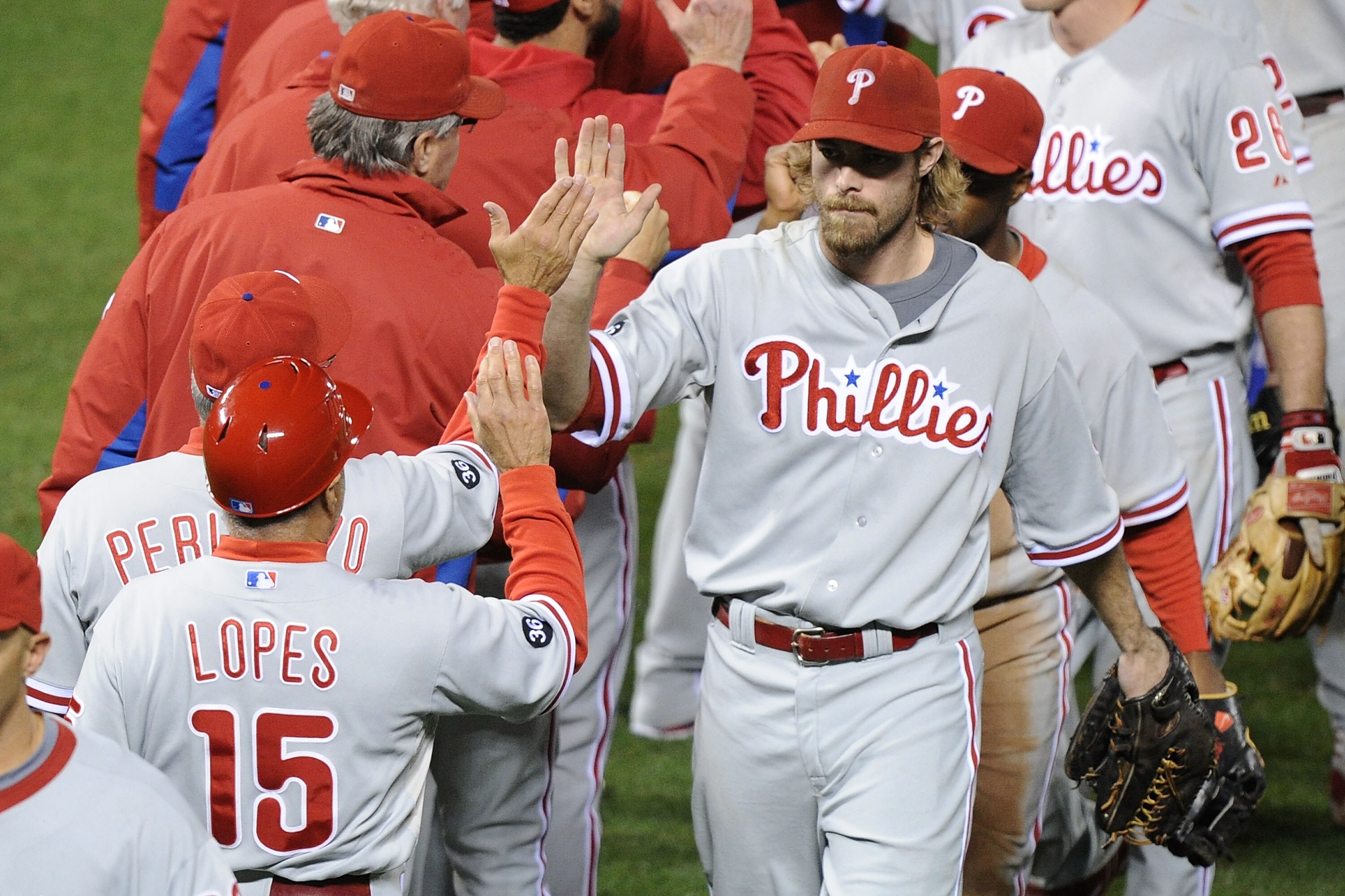 SAN FRANCISCO - OCTOBER 21:  Jayson Werth #28 of the Philadelphia Phillies celebrates with teammates after defeating the San Francisco Giants 4-2 in Game Five of the NLCS during the 2010 MLB Playoffs at AT&T Park on October 21, 2010 in San Francisco, Cali