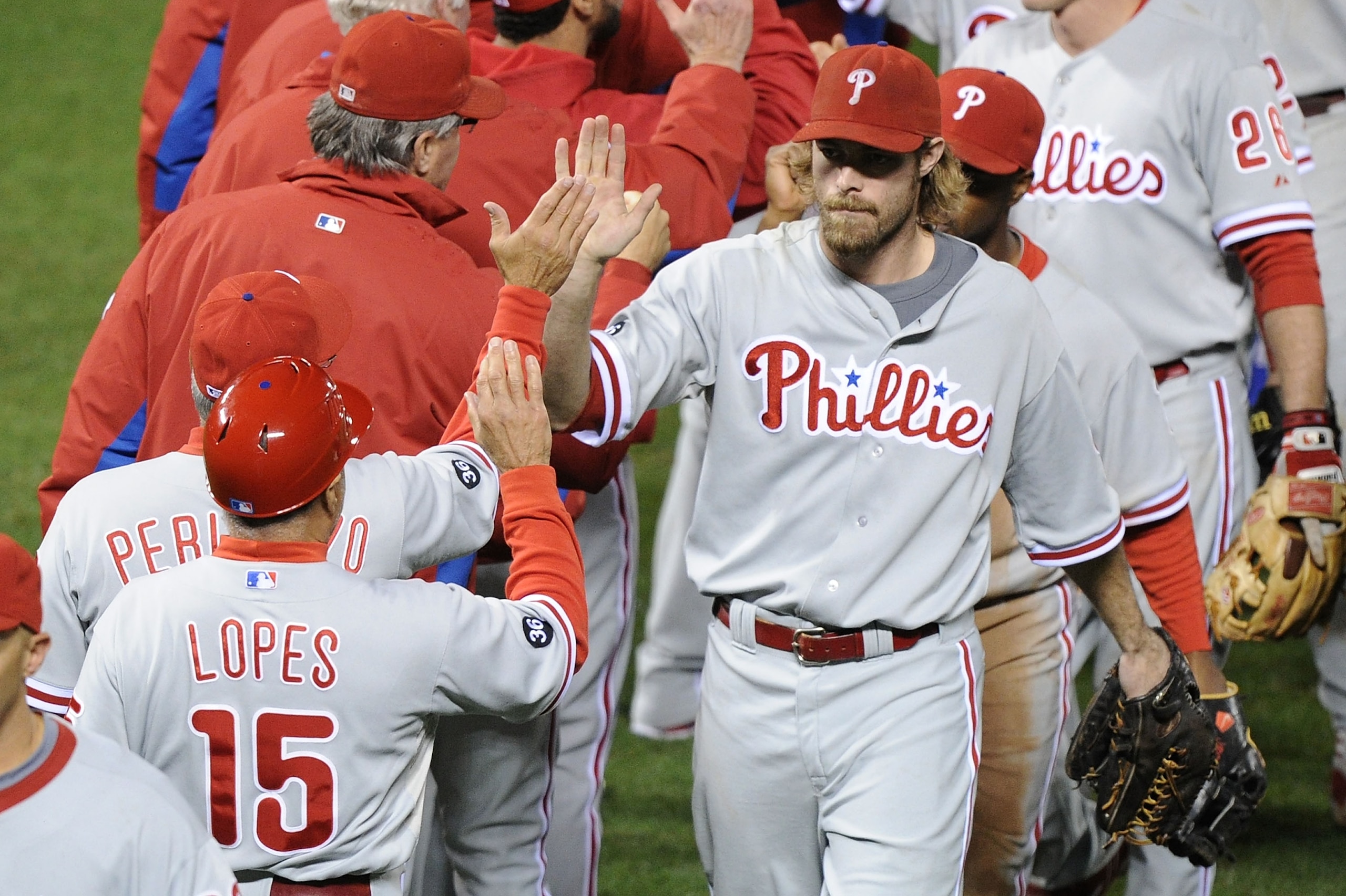SAN FRANCISCO - OCTOBER 21:  Jayson Werth #28 of the Philadelphia Phillies celebrates with teammates after defeating the San Francisco Giants 4-2 in Game Five of the NLCS during the 2010 MLB Playoffs at AT&T Park on October 21, 2010 in San Francisco, Cali