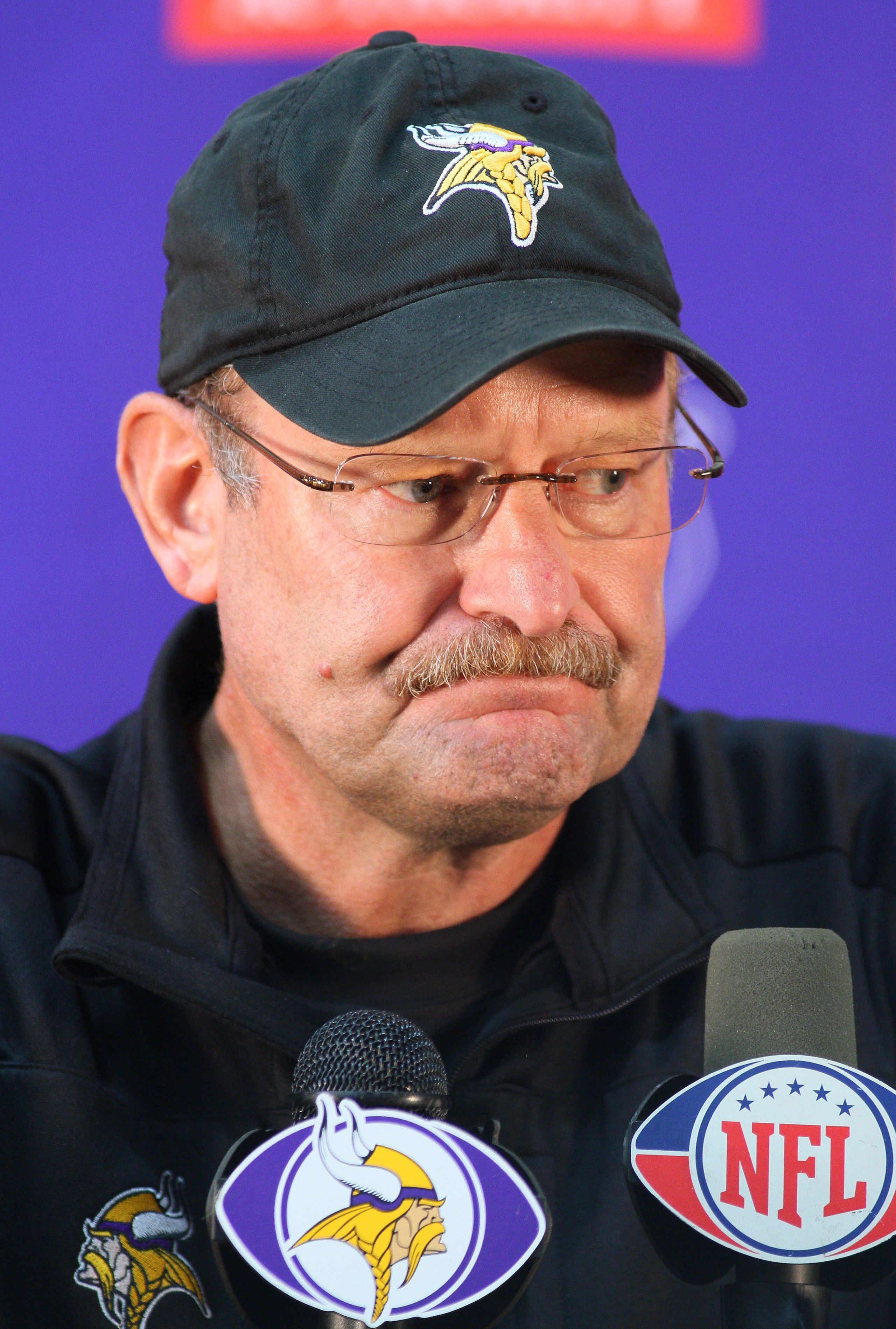 EDEN PRAIRIE, MN - OCTOBER 7:  Minnesota Vikings head coach Brad Childress answers questions from the media during a press conference at Winter Park on October 7, 2010 in Eden Prairie, Minnesota.  (Photo by Adam Bettcher/Getty Images)