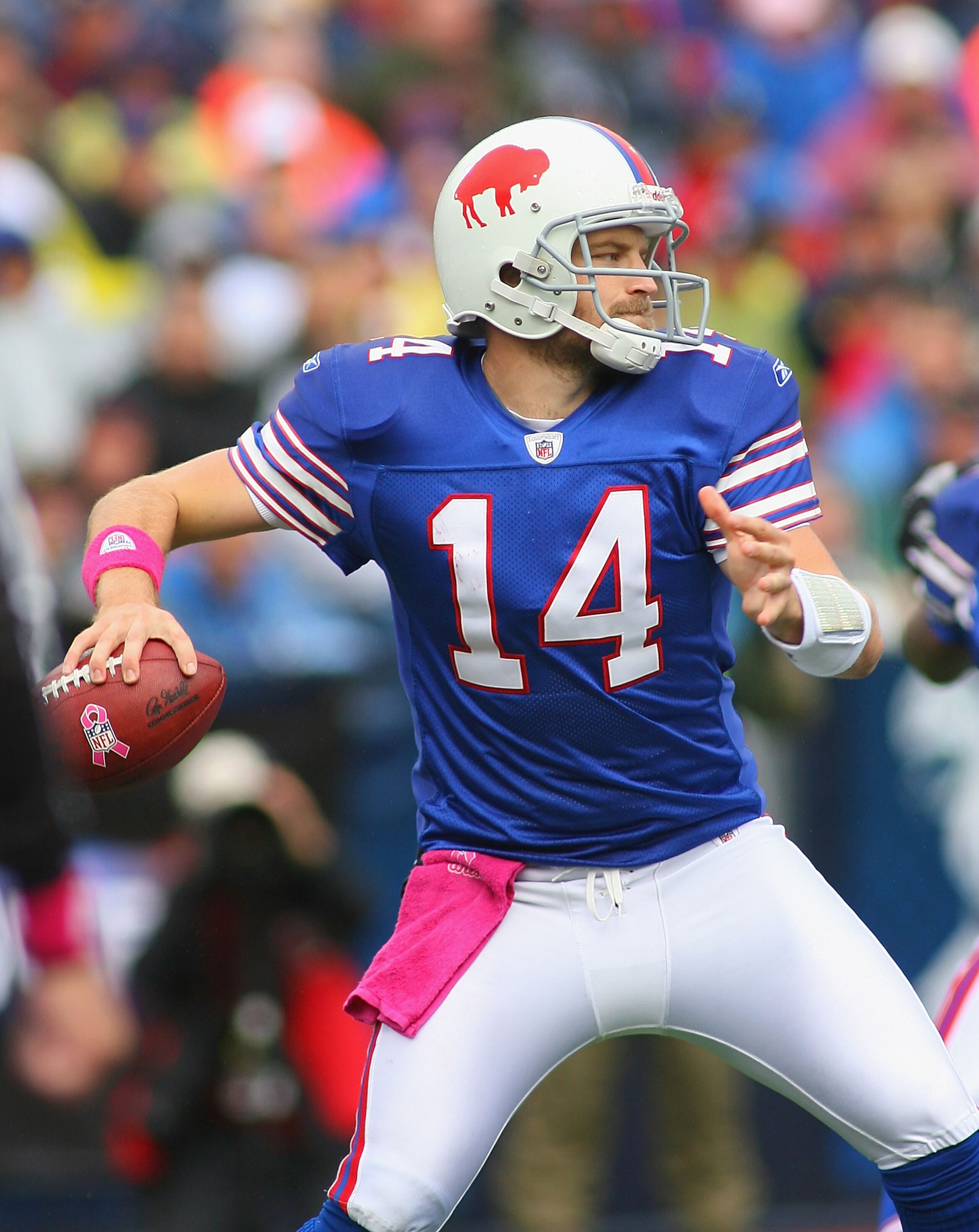 ORCHARD PARK, NY - OCTOBER 03:  Ryan Fitzpatrick #14 of the Buffalo Bills readies to pass against the New York Jets  at Ralph Wilson Stadium on October 3, 2010 in Orchard Park, New York. The Jets won 38-14.  (Photo by Rick Stewart/Getty Images)