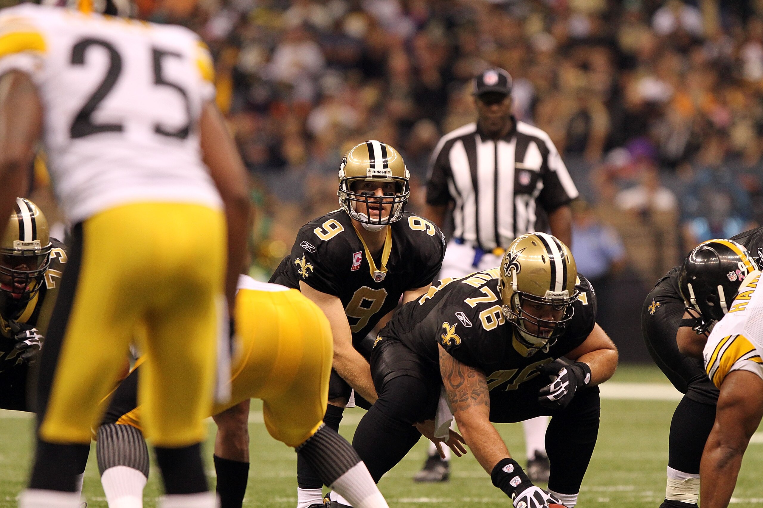NEW ORLEANS, LA - OCTOBER 31: Drew Brees #9 of the New Orleans Saints in action during the game against the Pittsburgh Steelers at the Louisiana Superdome on October 31, 2010 in New Orleans, Louisiana. (Photo by Matthew Sharpe/Getty Images) NEW ORLEANS, LA - OCTOBER 31: Drew Brees #9 of the New Orleans Saints in action during the game against the Pittsburgh Steelers at the Louisiana Superdome on October 31, 2010 in New Orleans, Louisiana. (Photo by Matthew Sharpe/Getty Images)