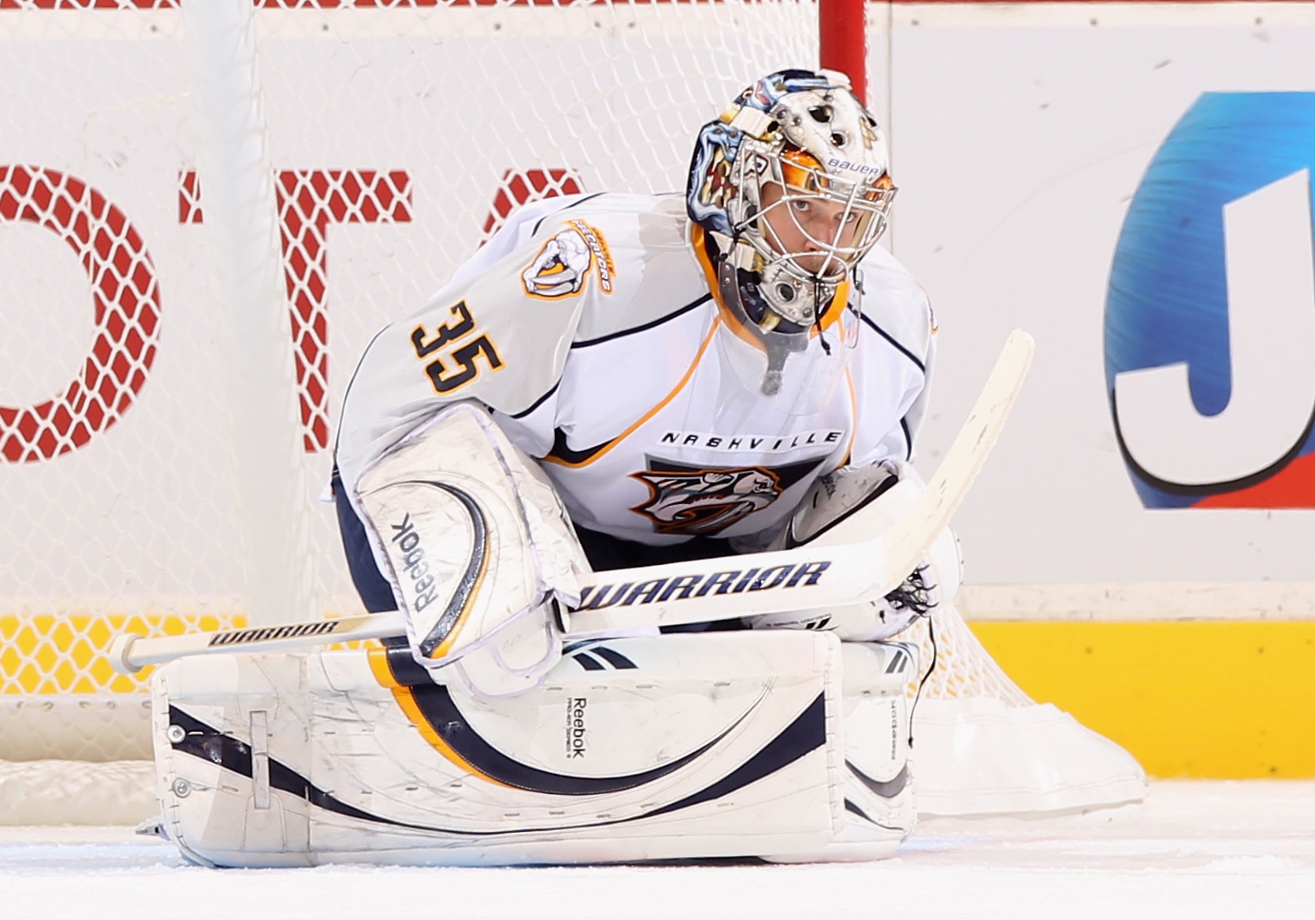 GLENDALE, AZ - NOVEMBER 03:  Goaltender Pekka Rinne #35 of the Nashville Predators makes a pad save during the NHL game against the Phoenix Coyotes at Jobing.com Arena on November 3, 2010 in Glendale, Arizona.  The Coyotes defeated the Predators 4-3.  (Ph