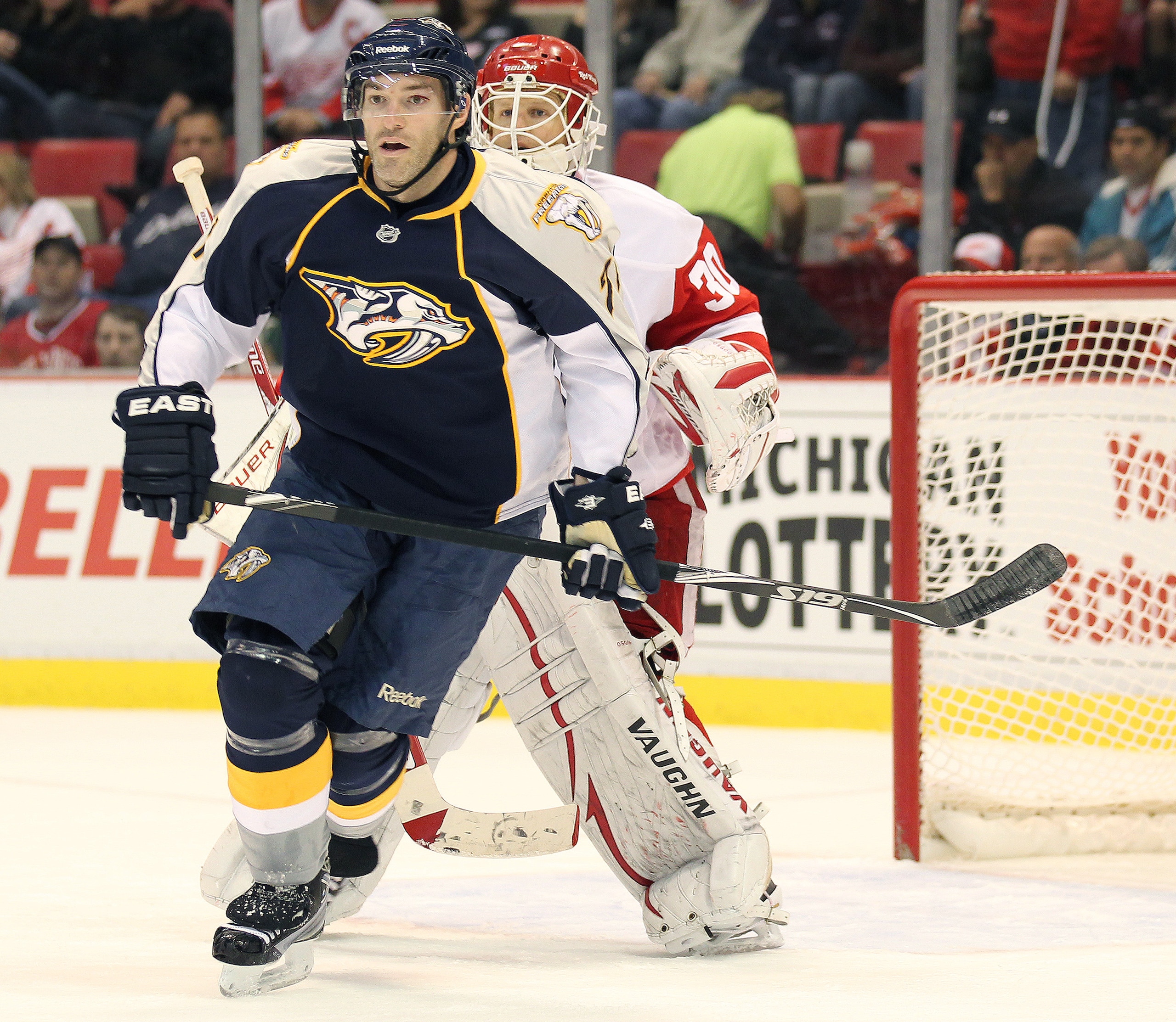 DETROIT - OCTOBER 30:  J.P. Dumont #71 of the Nashville Predators skates in a game against the Detroit Red Wings on October 30,2010 at the Joe Louis Arena in Detroit , Michigan. The Wings defeated the Predators 5-2. (Photo by Claus Andersen/Getty Images)