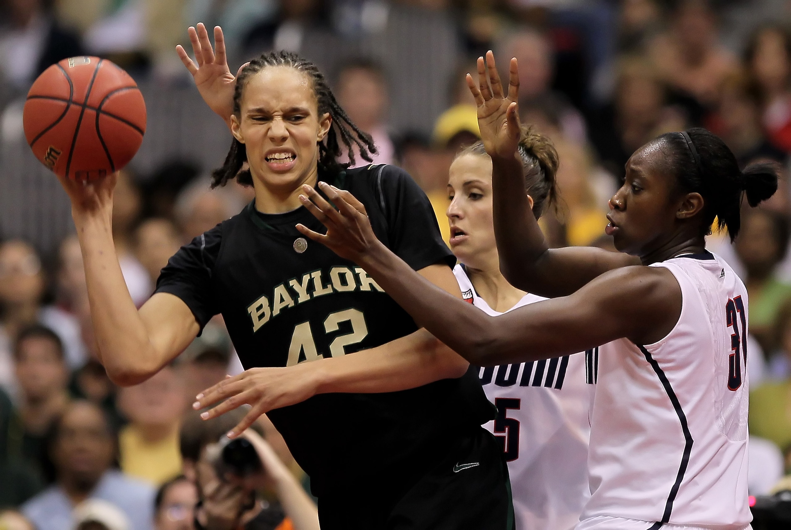 SAN ANTONIO - APRIL 04: (L-R) Brittney Griner #42 of the Baylor Bears is pressured by Caroline Doty #5 and Tina Charles #31 of the Connecticut Huskies in the second half during the Women's Final Four Semifinals at the Alamodome on April 4, 2010 in San An SAN ANTONIO - APRIL 04: (L-R) Brittney Griner #42 of the Baylor Bears is pressured by Caroline Doty #5 and Tina Charles #31 of the Connecticut Huskies in the second half during the Women's Final Four Semifinals at the Alamodome on April 4, 2010 in San An