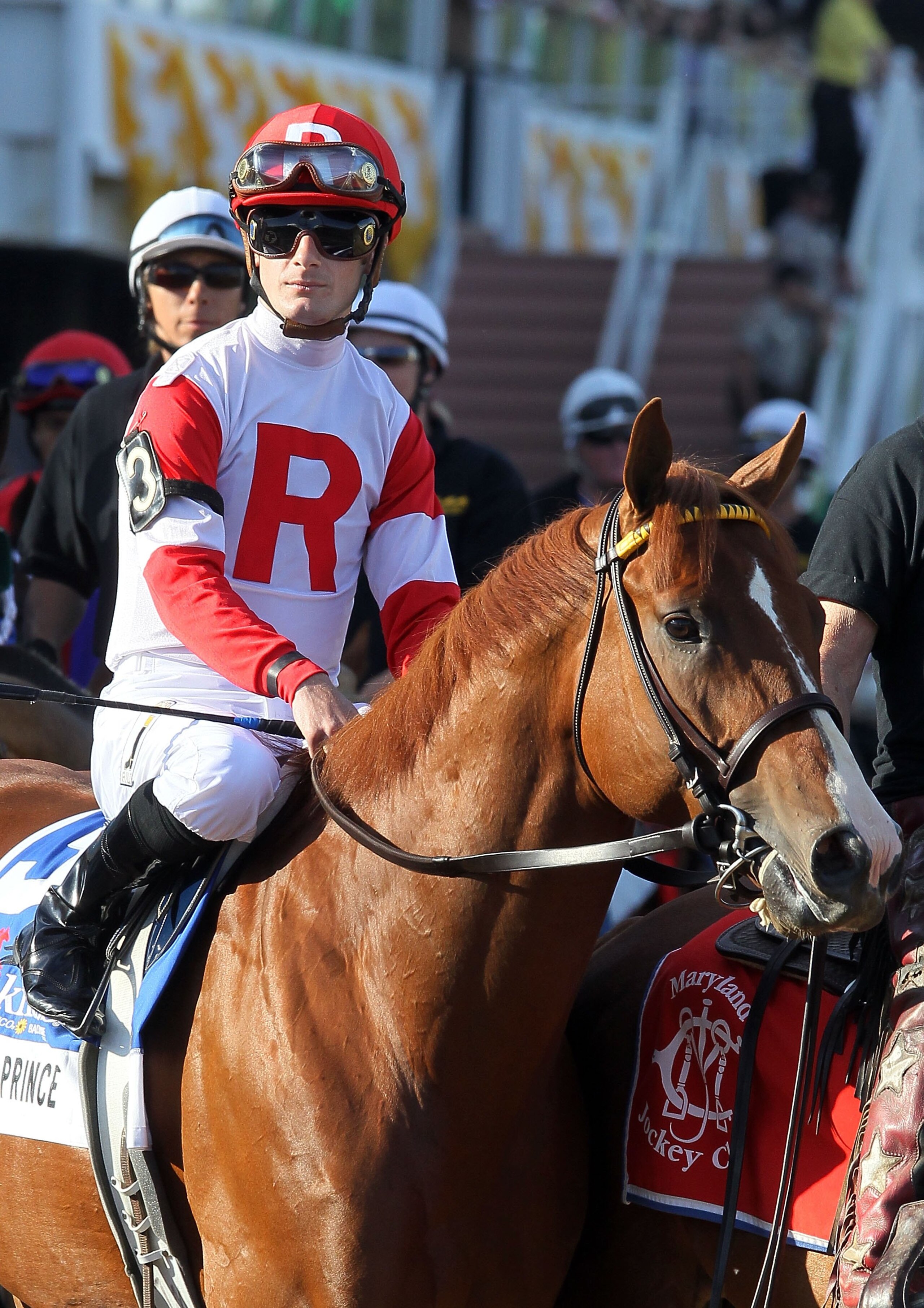 BALTIMORE - MAY 15:  Julien Leparoux, upon Pleasant Prince, looks on prior to the start of the 135th running of the Preakness Stakes at Pimlico Race Course on May 15, 2010 in Baltimore, Maryland.  (Photo by Jim McIsaac/Getty Images)