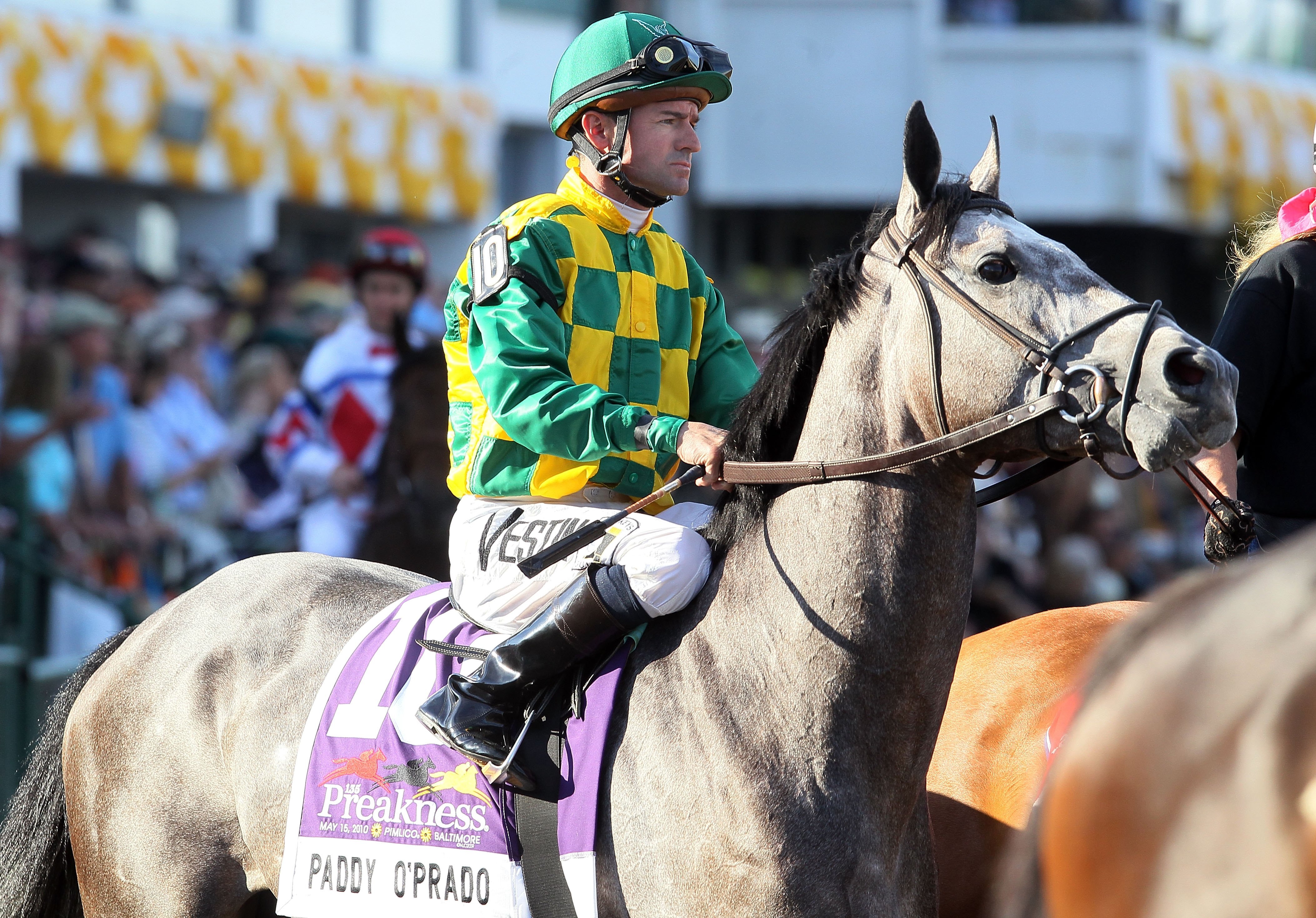 BALTIMORE - MAY 15:  Kent Desormeaux, upon Paddy O'Prado, looks on prior to the start of the 135th running of the Preakness Stakes at Pimlico Race Course on May 15, 2010 in Baltimore, Maryland.  (Photo by Jim McIsaac/Getty Images)
