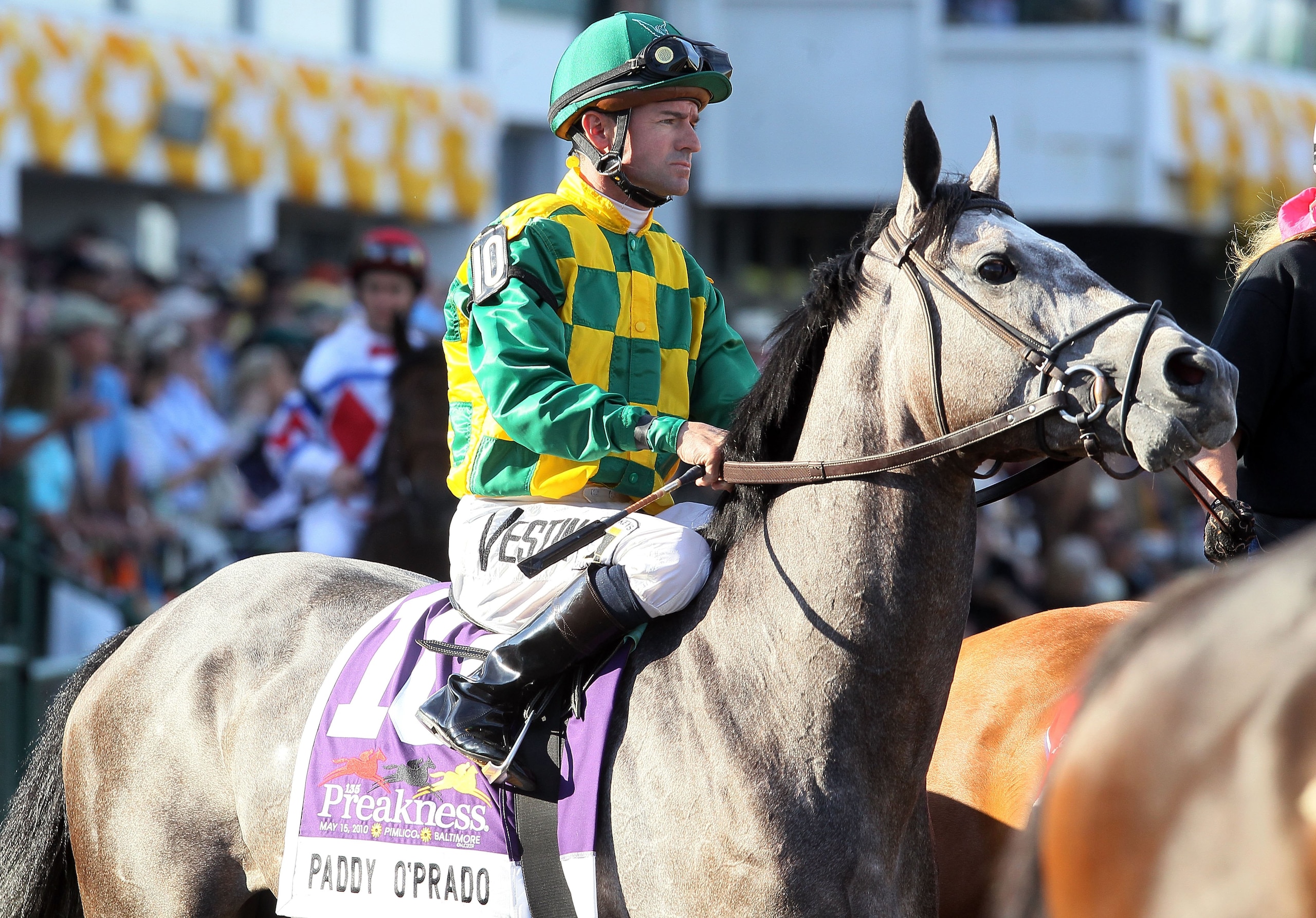 BALTIMORE - MAY 15:  Kent Desormeaux, upon Paddy O'Prado, looks on prior to the start of the 135th running of the Preakness Stakes at Pimlico Race Course on May 15, 2010 in Baltimore, Maryland.  (Photo by Jim McIsaac/Getty Images)
