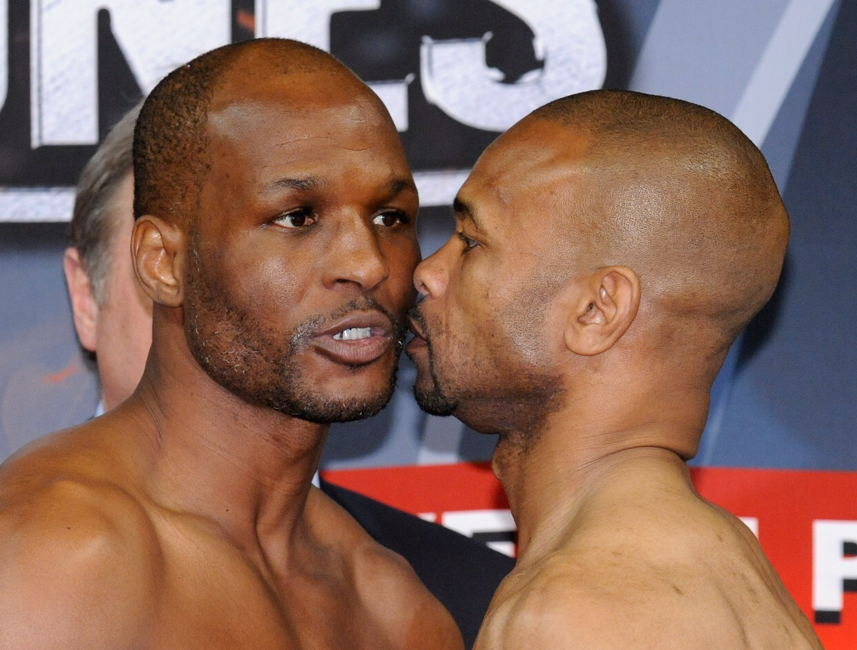 LAS VEGAS - APRIL 02:  Boxers Bernard Hopkins (L) and Roy Jones Jr. face off during the official weigh-in for their bout at the Mandalay Bay Events Center April 2, 2010 in Las Vegas, Nevada. The two will meet in a light heavyweight bout on April 3 in Las