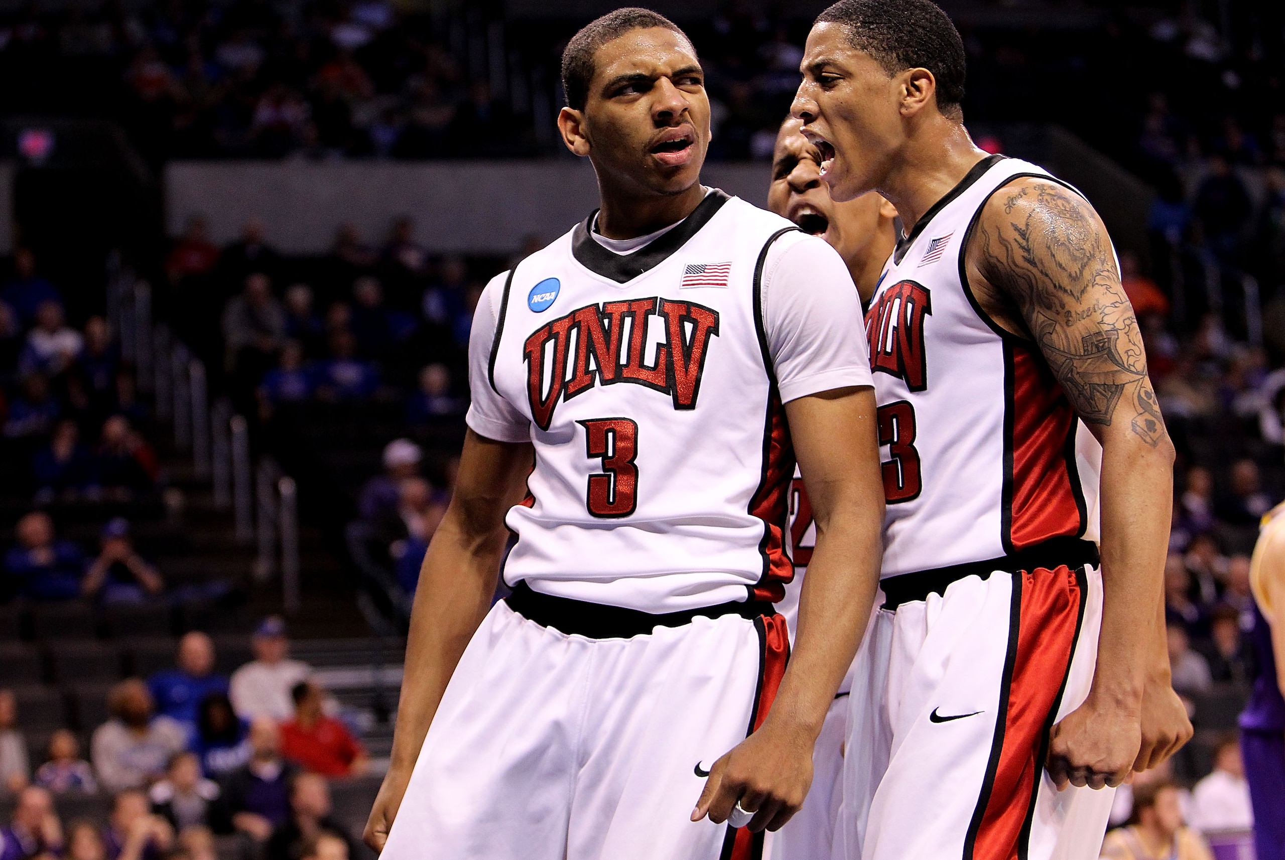 OKLAHOMA CITY - MARCH 18: (L-R) Anthony Marshall #3, Steve Jones #20 and Tre'Von Willis #33 of the UNLV Rebels reacts after Marshall dunked against the Northern Iowa Panthers during the first round of the 2010 NCAA men's basketball tournament at Ford Cen OKLAHOMA CITY - MARCH 18: (L-R) Anthony Marshall #3, Steve Jones #20 and Tre'Von Willis #33 of the UNLV Rebels reacts after Marshall dunked against the Northern Iowa Panthers during the first round of the 2010 NCAA men's basketball tournament at Ford Cen