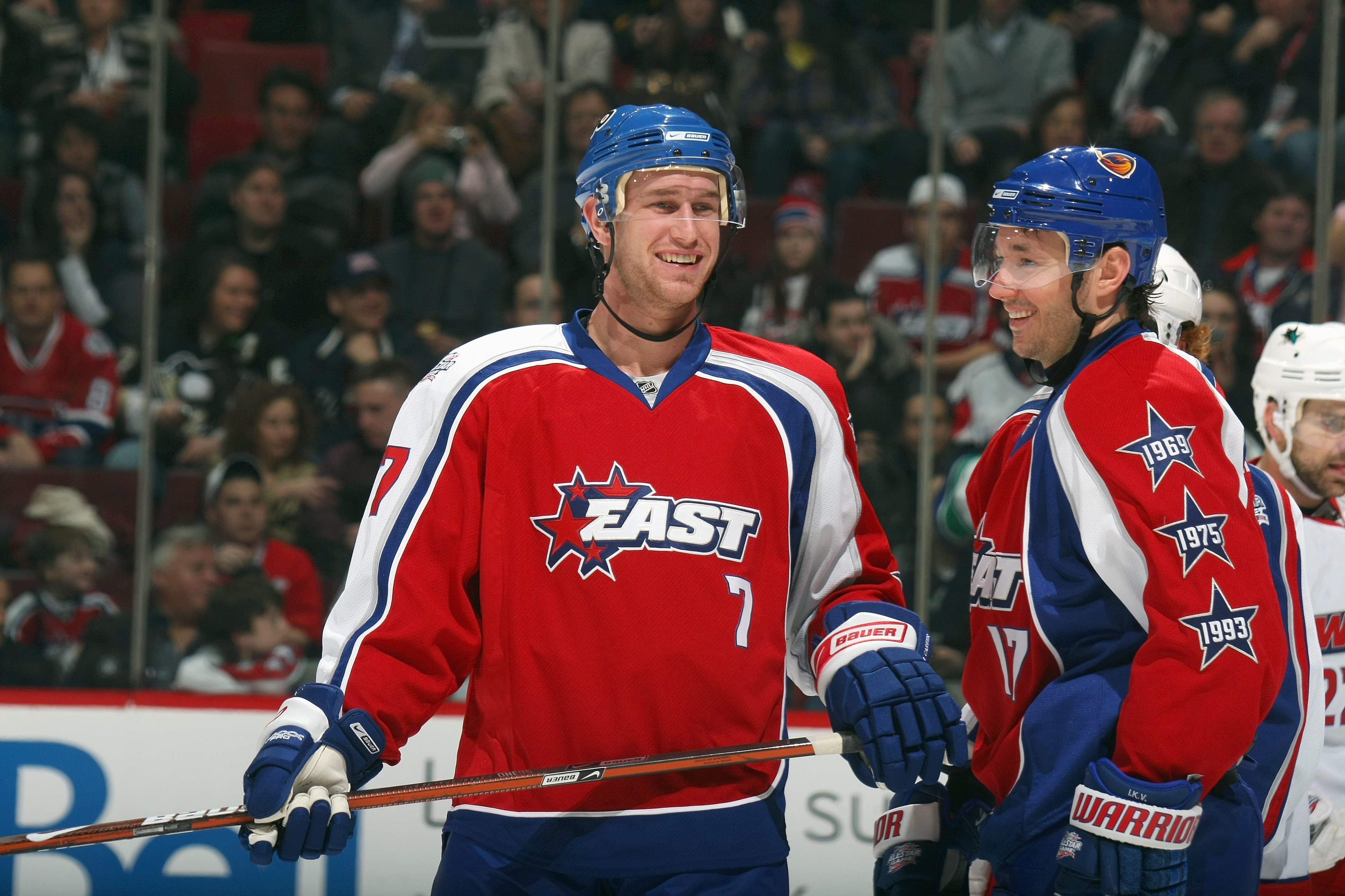 MONTREAL - JANUARY 25:  Jeff Carter #17 and Ilya Kovalchuk #17 of the  Eastern Conference All-Stars share a laugh during the 2009 NHL All-Star game at the Bell Centre on January 25, 2009 in Montreal, Canada. (Photo by Bruce Bennett/Getty Images)