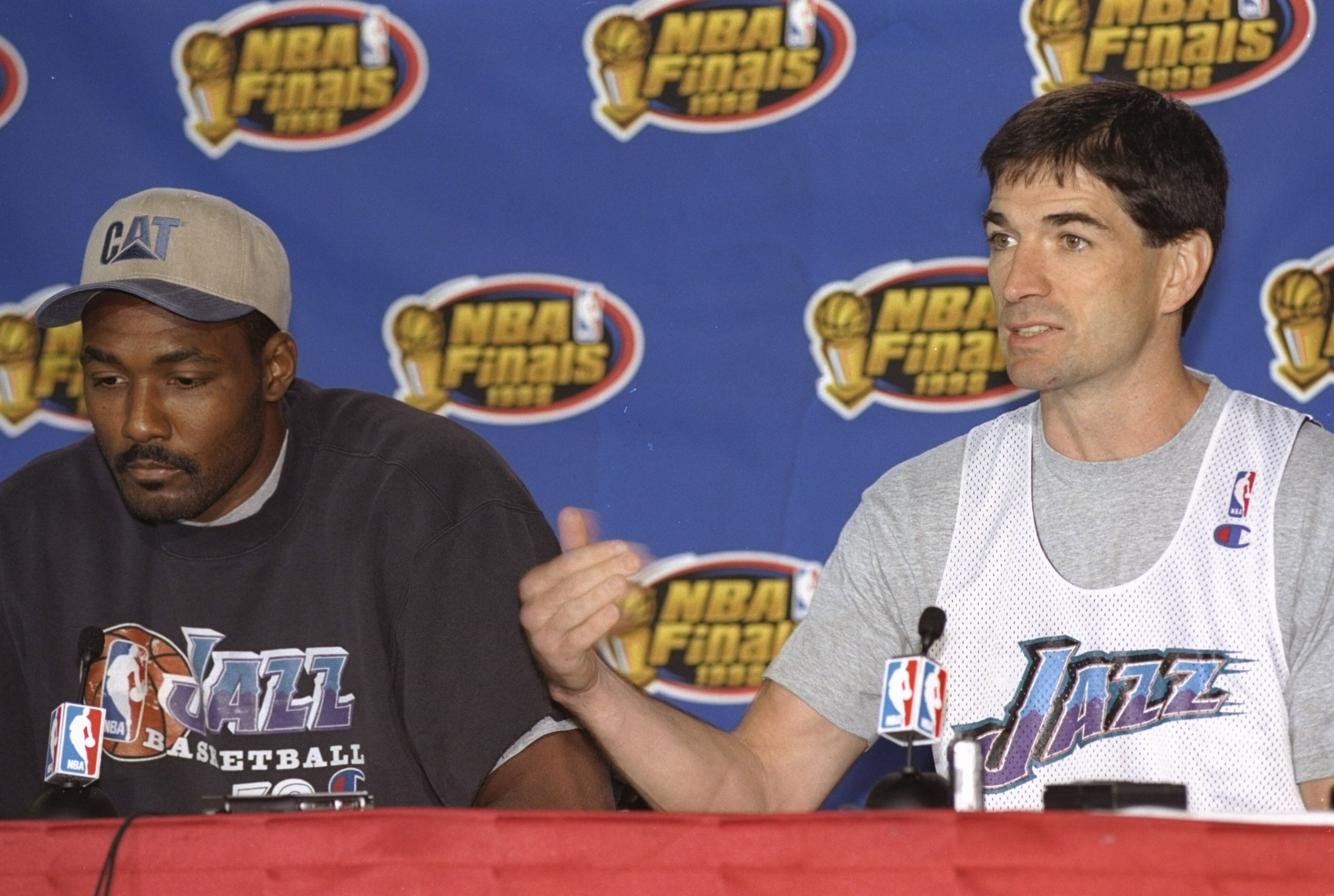 8 Jun 1998: John Stockton and Karl Malone of the Utah Jazz talks about their game against the Chicago Bulls during a press conference at the United Center in Chicago, Illinois. Mandatory Credit: Jonathan Daniel /Allsport 8 Jun 1998: John Stockton and Karl Malone of the Utah Jazz talks about their game against the Chicago Bulls during a press conference at the United Center in Chicago, Illinois. Mandatory Credit: Jonathan Daniel /Allsport