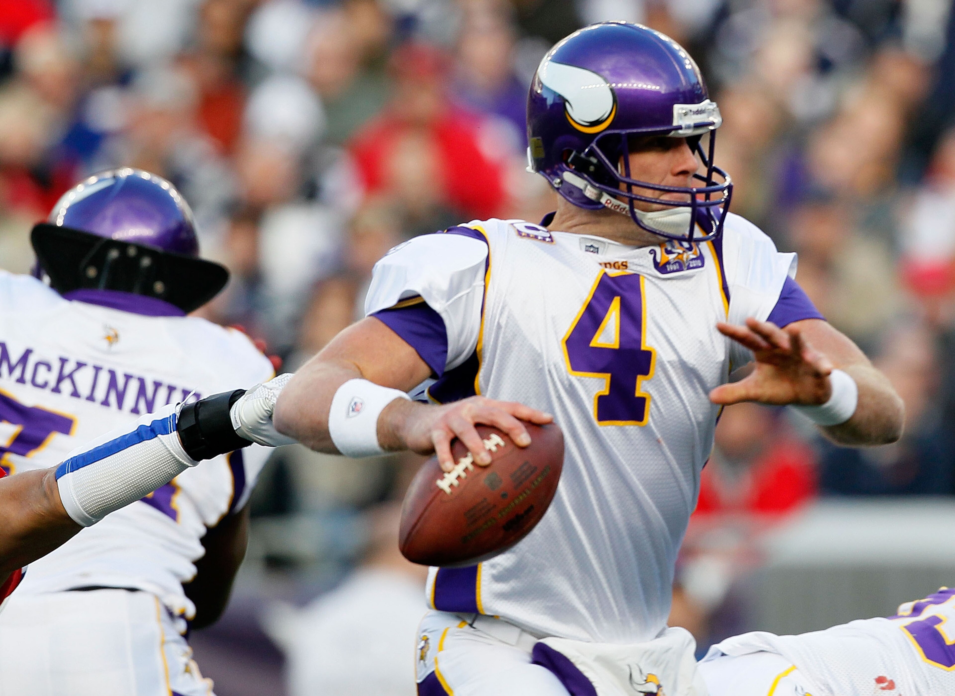 FOXBORO, MA - OCTOBER 31: Brett Favre #4 of the Minnesota Vikings feels the pressure in the first half against the New England Patriots at Gillette Stadium on October 31, 2010 in Foxboro, Massachusetts. (Photo by Jim Rogash/Getty Images) FOXBORO, MA - OCTOBER 31: Brett Favre #4 of the Minnesota Vikings feels the pressure in the first half against the New England Patriots at Gillette Stadium on October 31, 2010 in Foxboro, Massachusetts. (Photo by Jim Rogash/Getty Images)