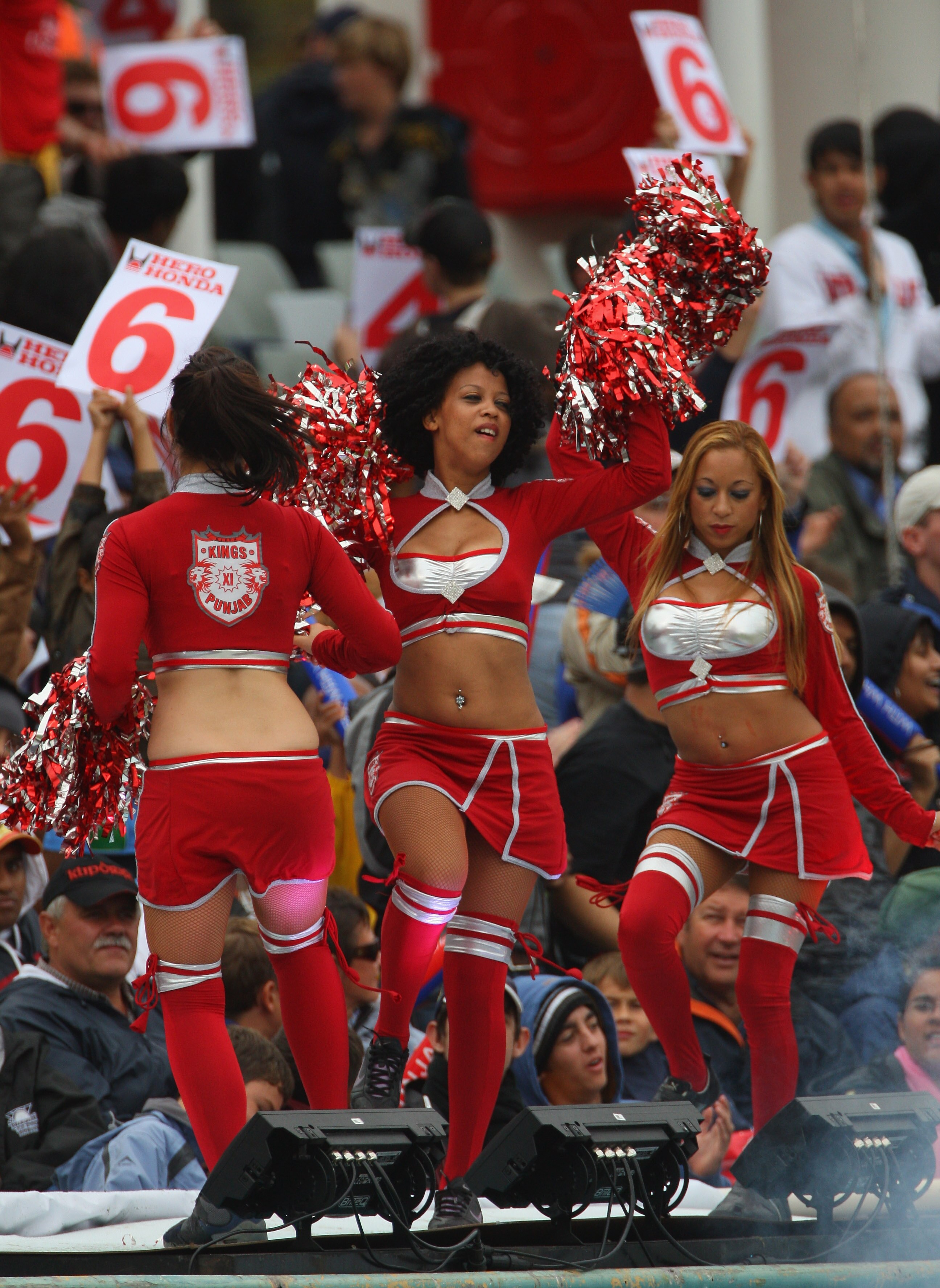 CAPE TOWN, SOUTH AFRICA - APRIL 19:  Cheerleaders during the  IPL T20 match between Delhi Daredevils and Kings XI Punjab on April 19, 2009 in Cape Town, South Africa.  (Photo by Tom Shaw/Getty Images)