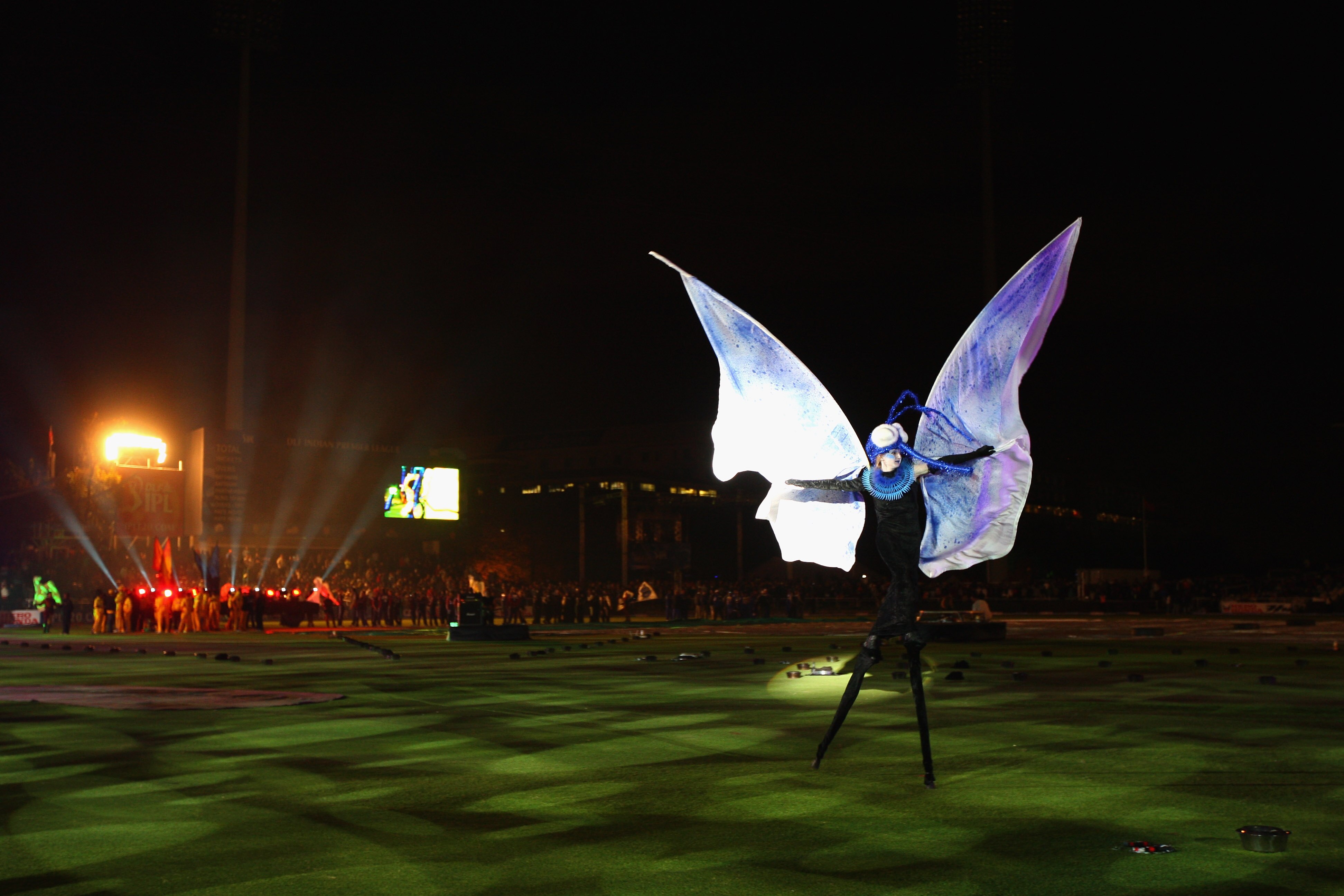 CAPE TOWN, SOUTH AFRICA - APRIL 18:  A butterfly on stilts during the opening ceremony during the IPL T20 match between Rajasthan Royals and Royal Challengers Bangalore at Newlands Cricket Ground on April 18, 2009 in Cape Town, South Africa.  (Photo by To