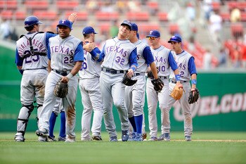 WASHINGTON - JUNE 22:  Josh Hamilton #32 of the Texas Rangers celebrates with teammates after the game against the Washington Nationals at Nationals Park June 22, 2008 in Washington, DC. The Rangers won the game 5-3.  (Photo by Greg Fiume/Getty Images)