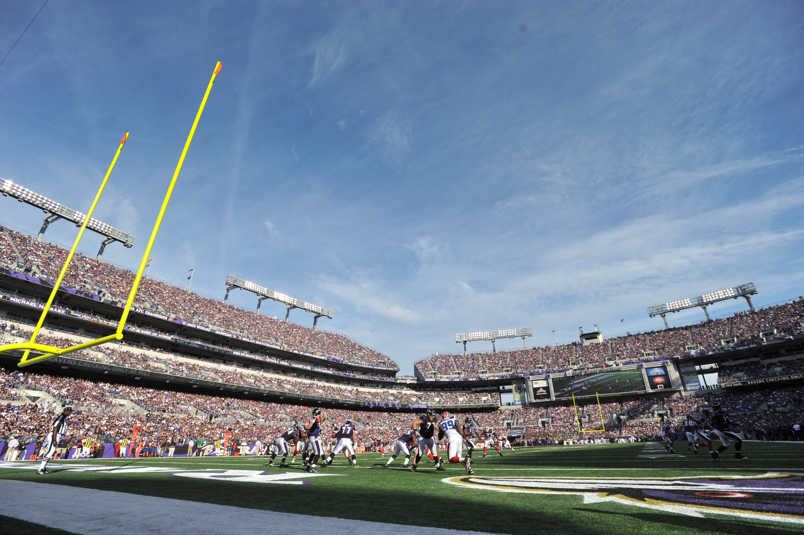 BALTIMORE, MD - OCTOBER 24: Joe Flacco #5 of the Baltimore Ravens passes against the Buffalo Bills at M&T Bank Stadium on October 24, 2010 in Baltimore, Maryland. The Ravens defeated the Bills 37-34. (Photo by Larry French/Getty Images)