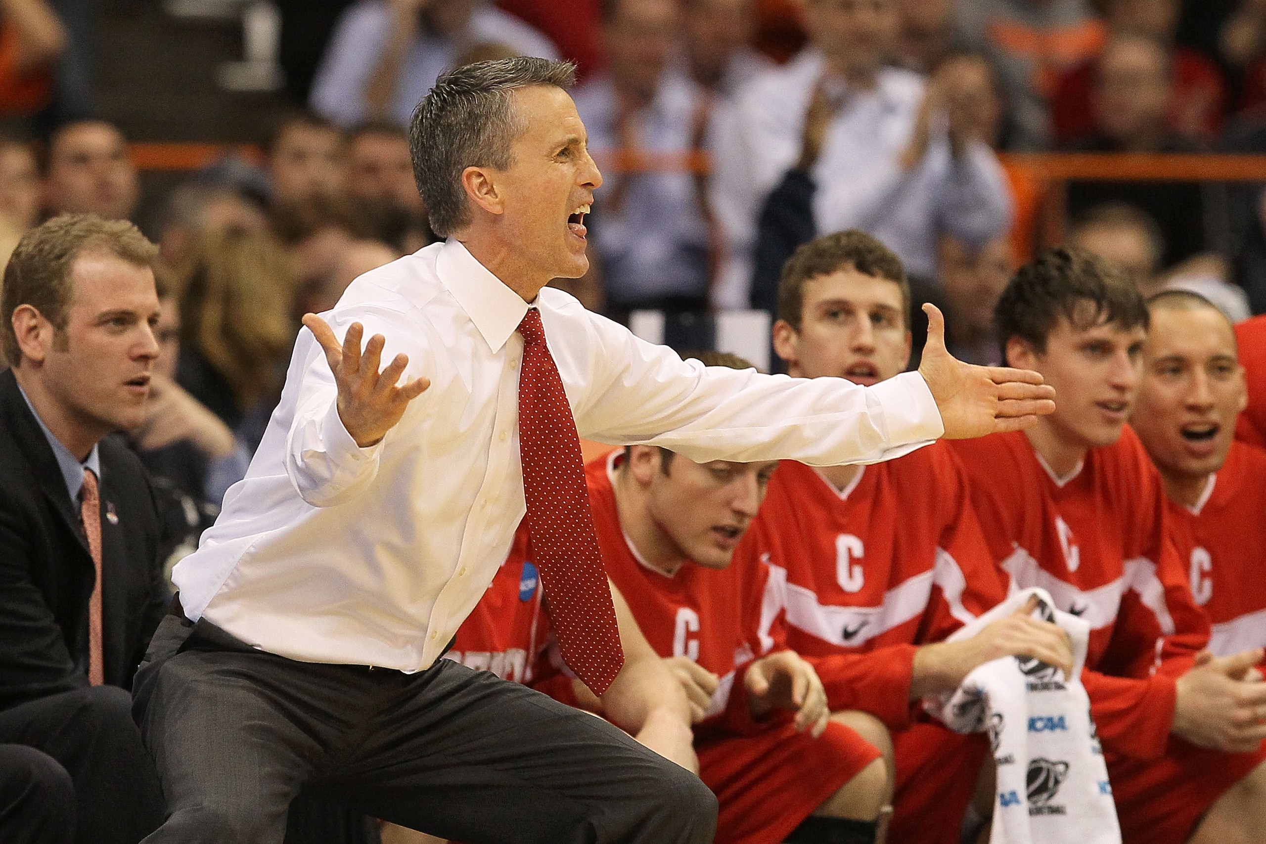 SYRACUSE, NY - MARCH 25: Head coach Steve Donahue of the Cornell Big Red reacts against the Kentucky Wildcats during the east regional semifinal of the 2010 NCAA men's basketball tournament at the Carrier Dome on March 25, 2010 in Syracuse, New York. (P SYRACUSE, NY - MARCH 25: Head coach Steve Donahue of the Cornell Big Red reacts against the Kentucky Wildcats during the east regional semifinal of the 2010 NCAA men's basketball tournament at the Carrier Dome on March 25, 2010 in Syracuse, New York. (P