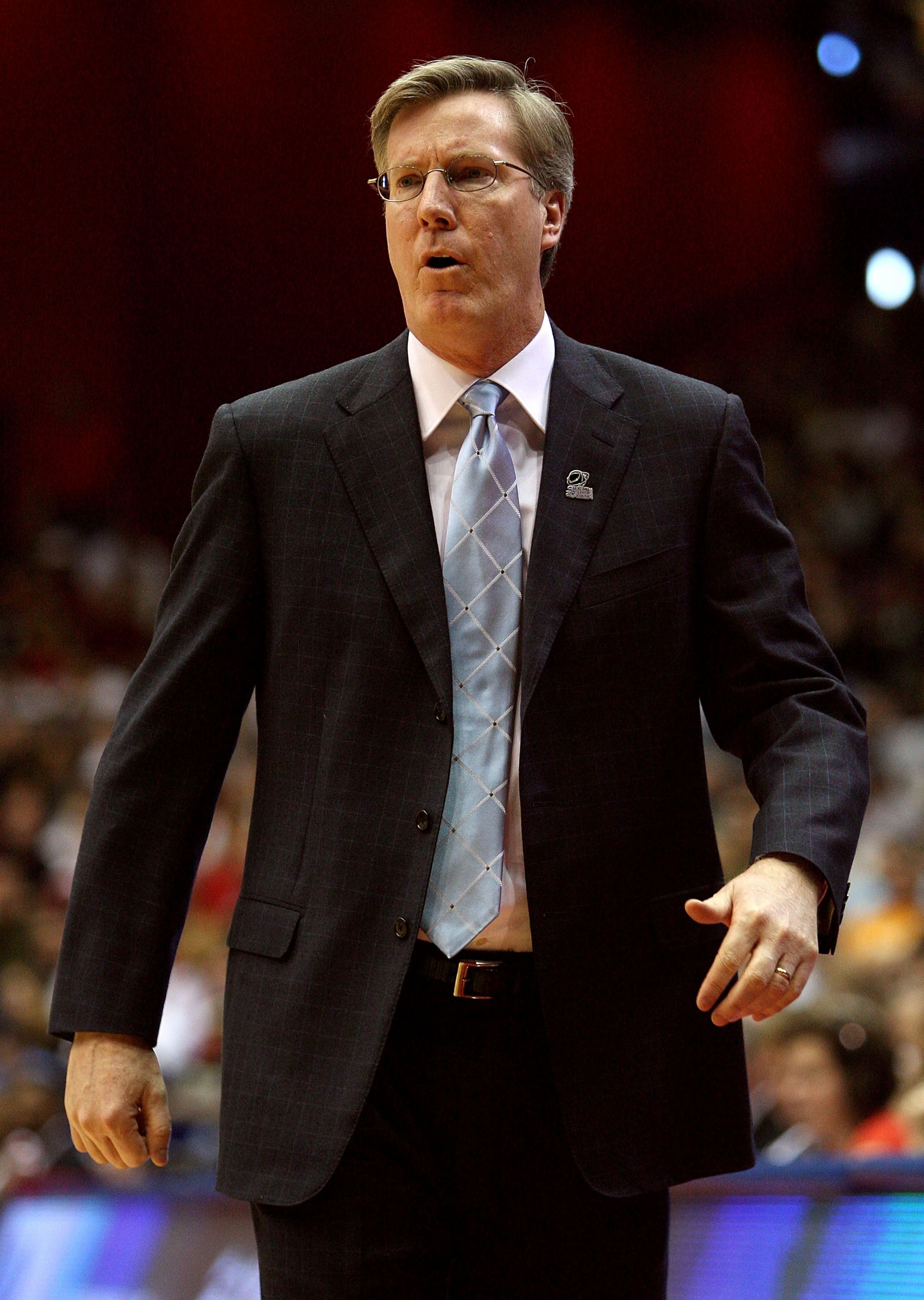 DAYTON, OH - MARCH 22: Head coach Fran McCaffery of the Siena Saints looks on from the sidelines during a game against the Louisville Cardinals during the second round of the NCAA Division I Men's Basketball Tournament at the University of Dayton Arena on DAYTON, OH - MARCH 22: Head coach Fran McCaffery of the Siena Saints looks on from the sidelines during a game against the Louisville Cardinals during the second round of the NCAA Division I Men's Basketball Tournament at the University of Dayton Arena on