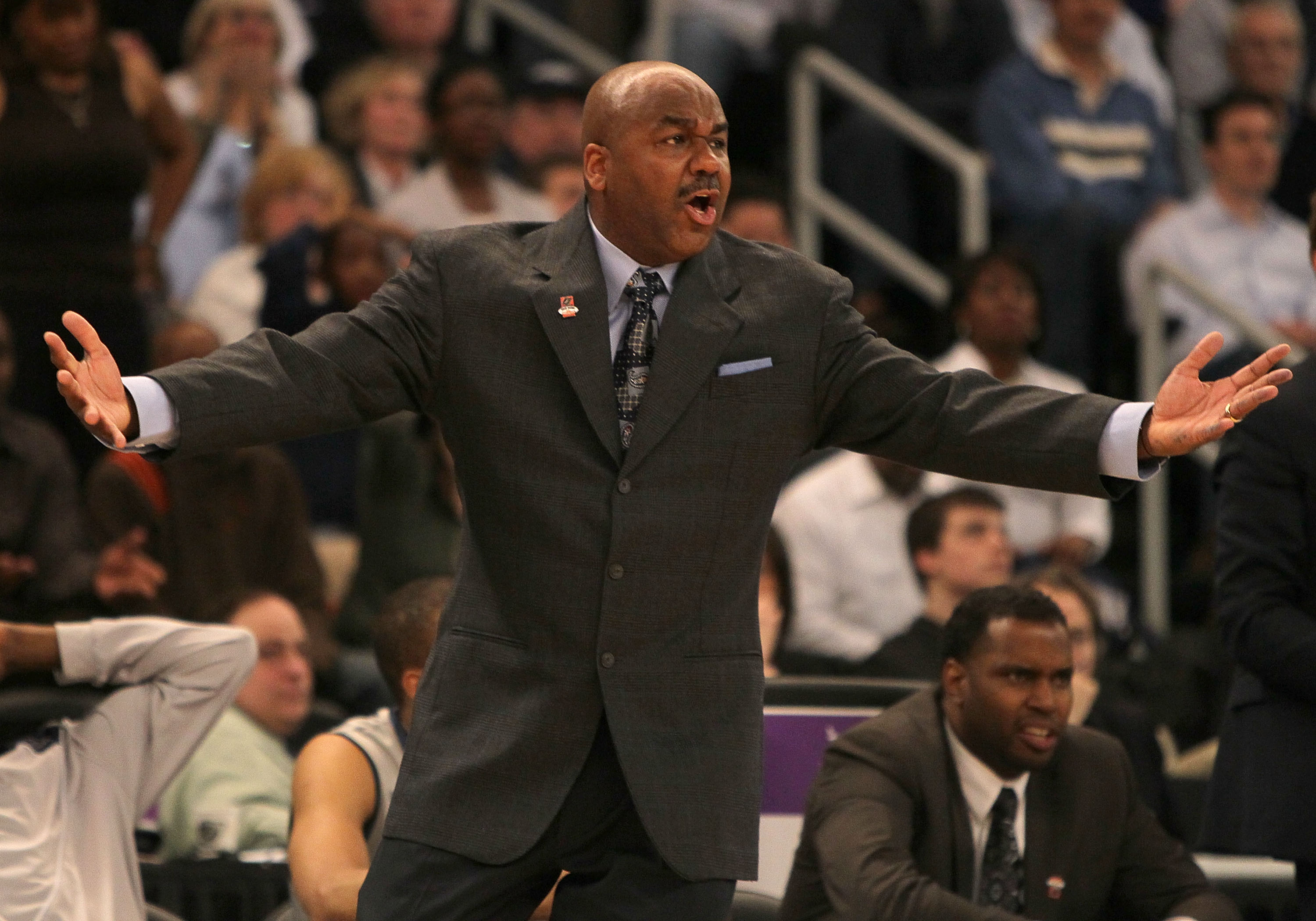 PROVIDENCE, RI - MARCH 18:  Coach John Thompson of the Georgetown Hoyas reacts during a game against the Ohio Bobcats during the first round of the 2010 NCAA men's basketball tournament at Dunkin' Donuts Center on March 18, 2010 in Providence, Rhode Islan