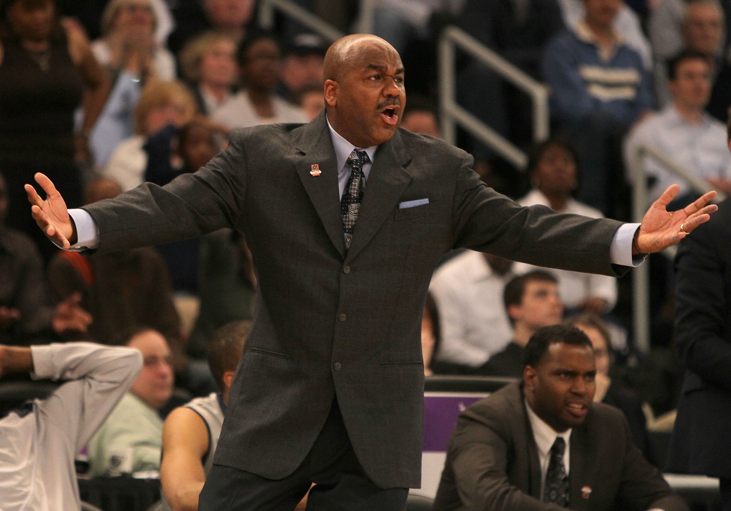 PROVIDENCE, RI - MARCH 18: Coach John Thompson of the Georgetown Hoyas reacts during a game against the Ohio Bobcats during the first round of the 2010 NCAA men's basketball tournament at Dunkin' Donuts Center on March 18, 2010 in Providence, Rhode Islan PROVIDENCE, RI - MARCH 18: Coach John Thompson of the Georgetown Hoyas reacts during a game against the Ohio Bobcats during the first round of the 2010 NCAA men's basketball tournament at Dunkin' Donuts Center on March 18, 2010 in Providence, Rhode Islan