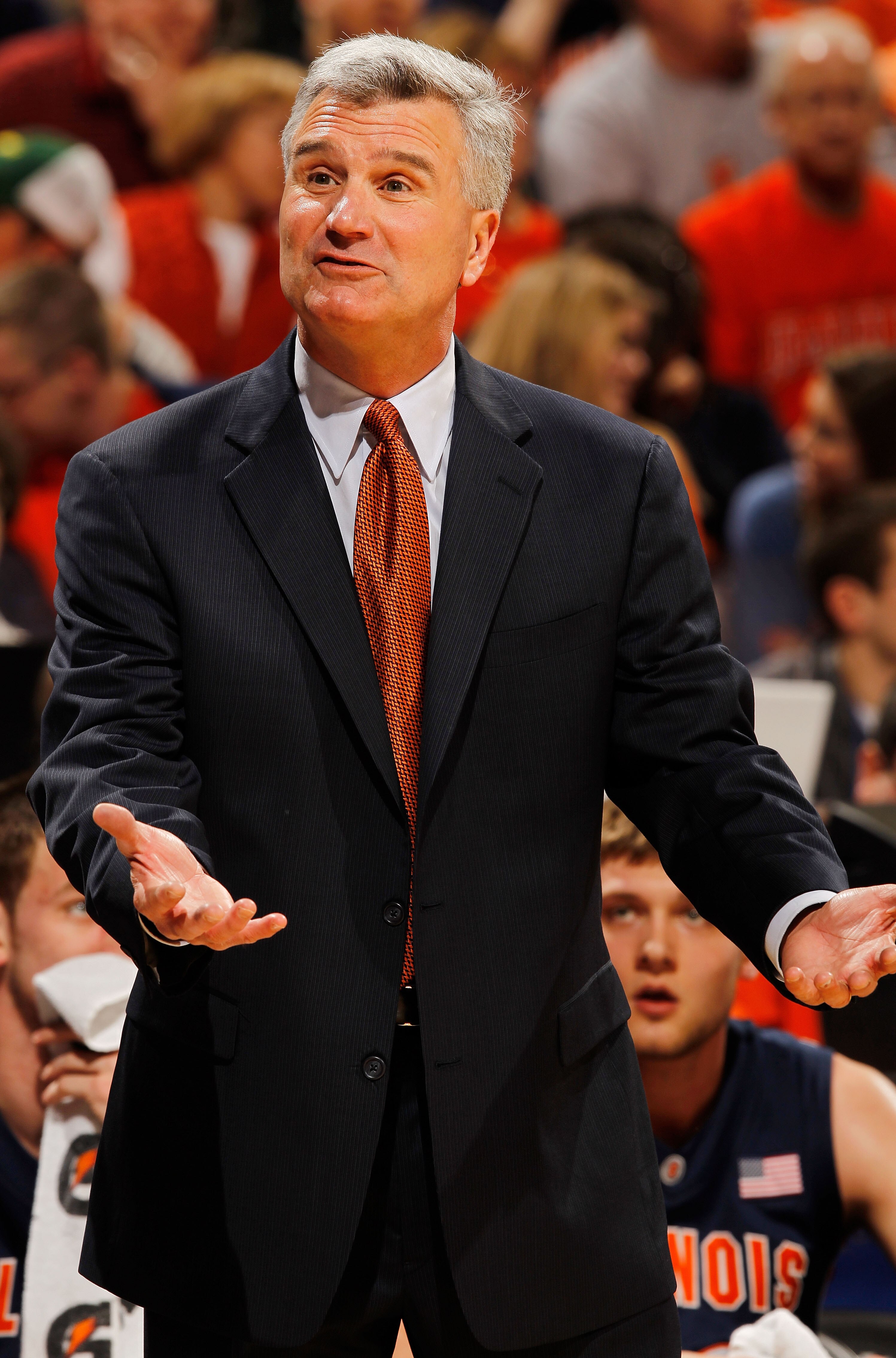 INDIANAPOLIS - MARCH 12:  Head coach Bruce Weber of the Illinois Fighting Illini reacts to a play during their game against the Wisconsin Badgers in the quarterfinals of the Big Ten Men's Basketball Tournament at Conseco Fieldhouse on March 12, 2010 in In