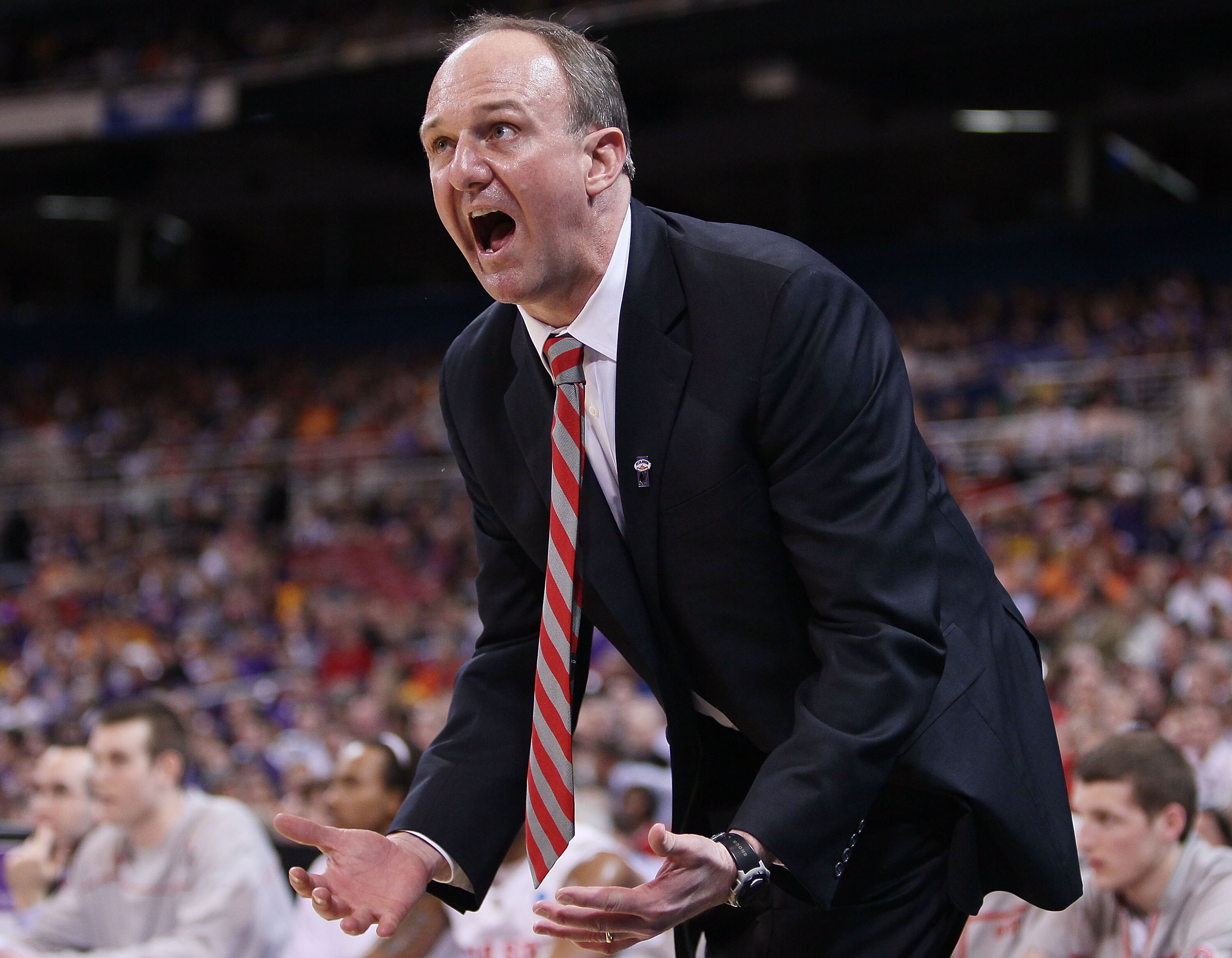ST. LOUIS - MARCH 26:  Head coach Thad Matta of the Ohio State Buckeyes reacts to a call against one of his players in the first half against the Tennessee Volunteers during the midwest regional semifinal of the 2010 NCAA men's basketball tournament at th