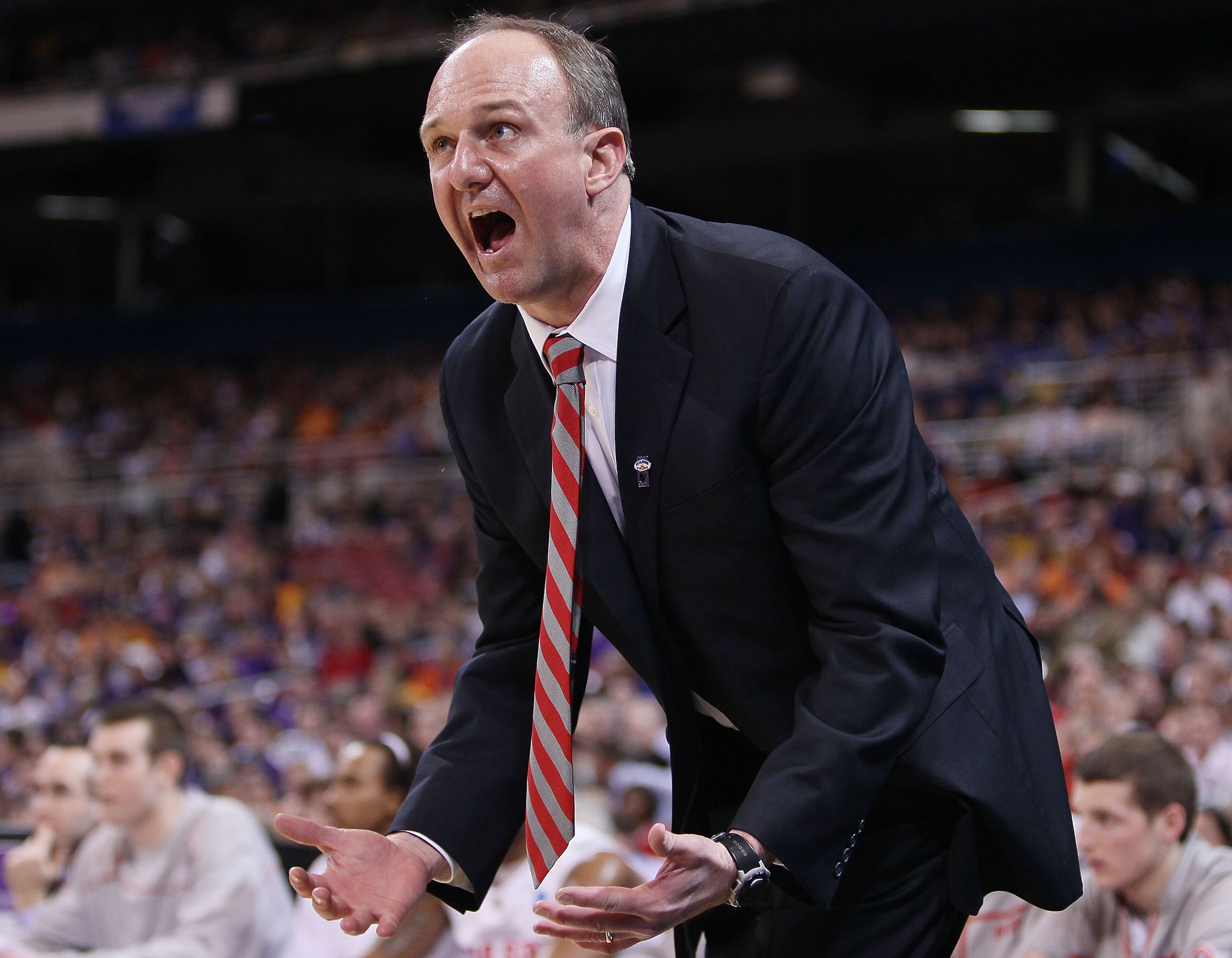 ST. LOUIS - MARCH 26: Head coach Thad Matta of the Ohio State Buckeyes reacts to a call against one of his players in the first half against the Tennessee Volunteers during the midwest regional semifinal of the 2010 NCAA men's basketball tournament at th ST. LOUIS - MARCH 26: Head coach Thad Matta of the Ohio State Buckeyes reacts to a call against one of his players in the first half against the Tennessee Volunteers during the midwest regional semifinal of the 2010 NCAA men's basketball tournament at th