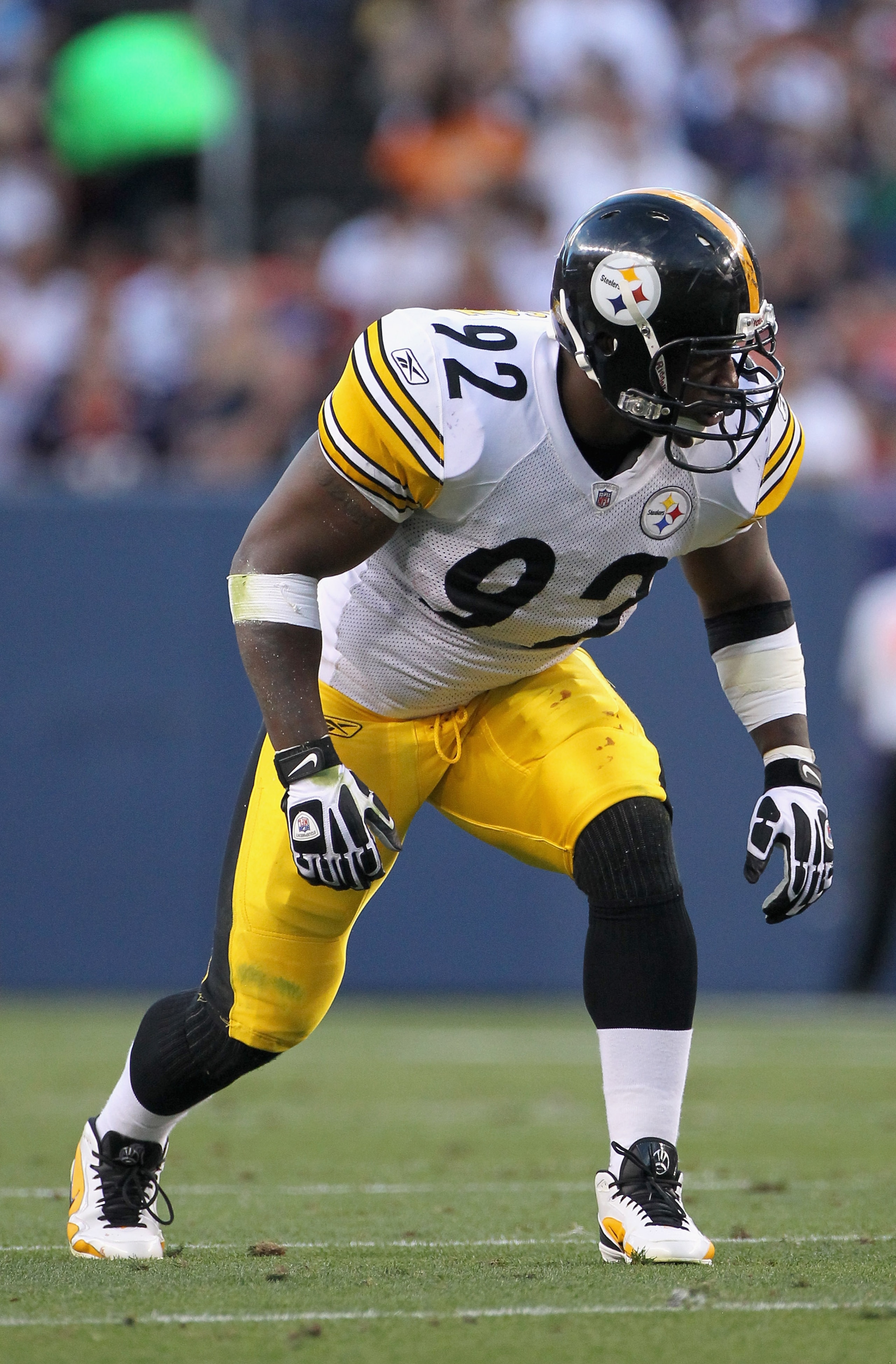 DENVER - AUGUST 29: Linebacker James Harrison #92 of the Pittsburgh Steelers defends against the Denver Broncos during preseason NFL action at INVESCO Field at Mile High on August 29, 2010 in Denver, Colorado. The Broncos defeated the Steelers 34-17. (P DENVER - AUGUST 29: Linebacker James Harrison #92 of the Pittsburgh Steelers defends against the Denver Broncos during preseason NFL action at INVESCO Field at Mile High on August 29, 2010 in Denver, Colorado. The Broncos defeated the Steelers 34-17. (P