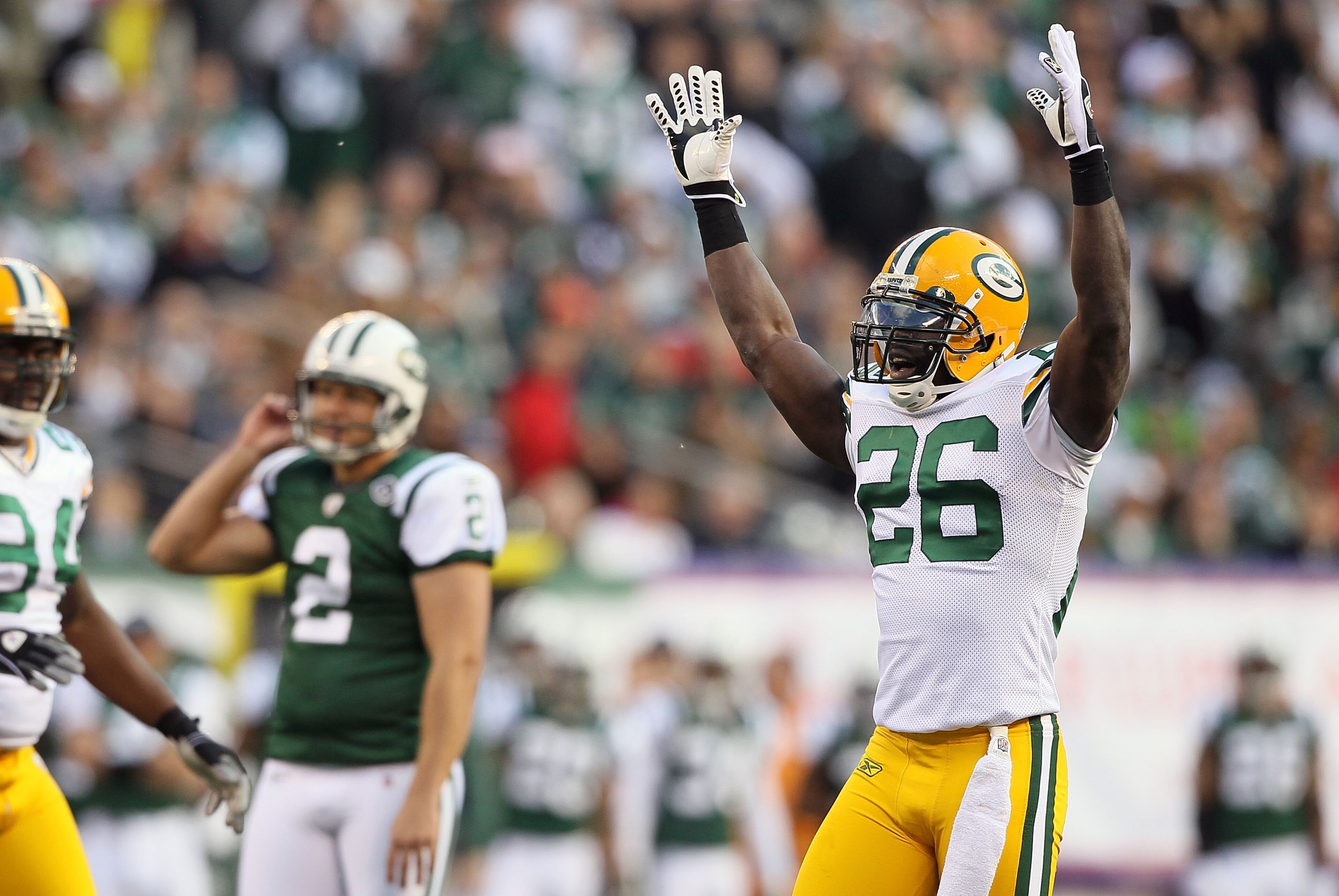 EAST RUTHERFORD, NJ - OCTOBER 31: Charlie Peprah #26 of the Green Bay Packers celebrates after Nick Folk #2 of the New York Jets missed a potential game tying field goal in the third quarter on October 31, 2010 at the New Meadowlands Stadium in East Ruthe EAST RUTHERFORD, NJ - OCTOBER 31: Charlie Peprah #26 of the Green Bay Packers celebrates after Nick Folk #2 of the New York Jets missed a potential game tying field goal in the third quarter on October 31, 2010 at the New Meadowlands Stadium in East Ruthe