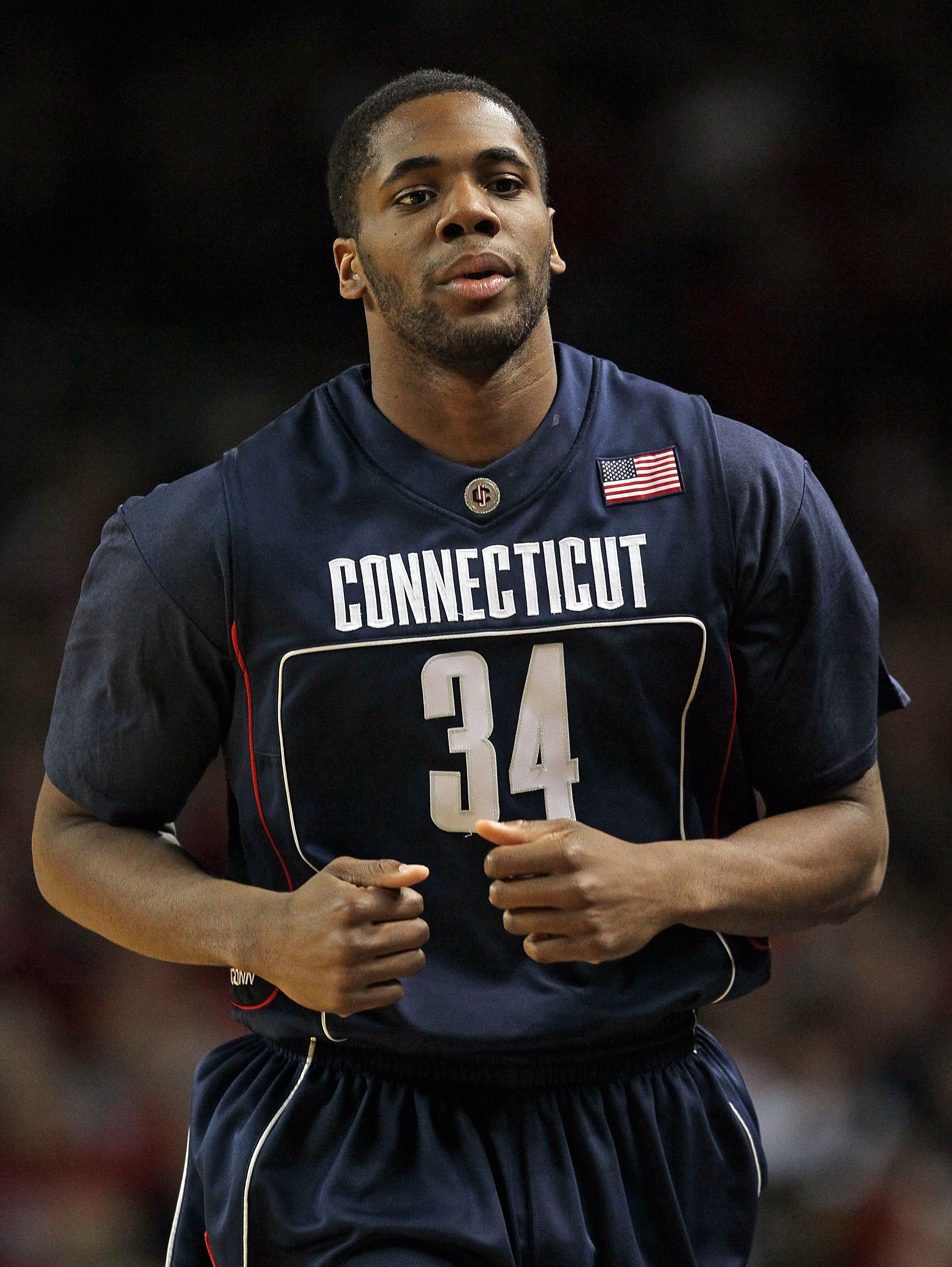 LOUISVILLE, KY - FEBRUARY 01:  Alex Oriakhi #34 of the Connecticut Huskies looks on during the Big East Conference game against the Louisville Cardinals on February 1, 2010 at Freedom Hall in Louisville, Kentucky.  (Photo by Andy Lyons/Getty Images)
