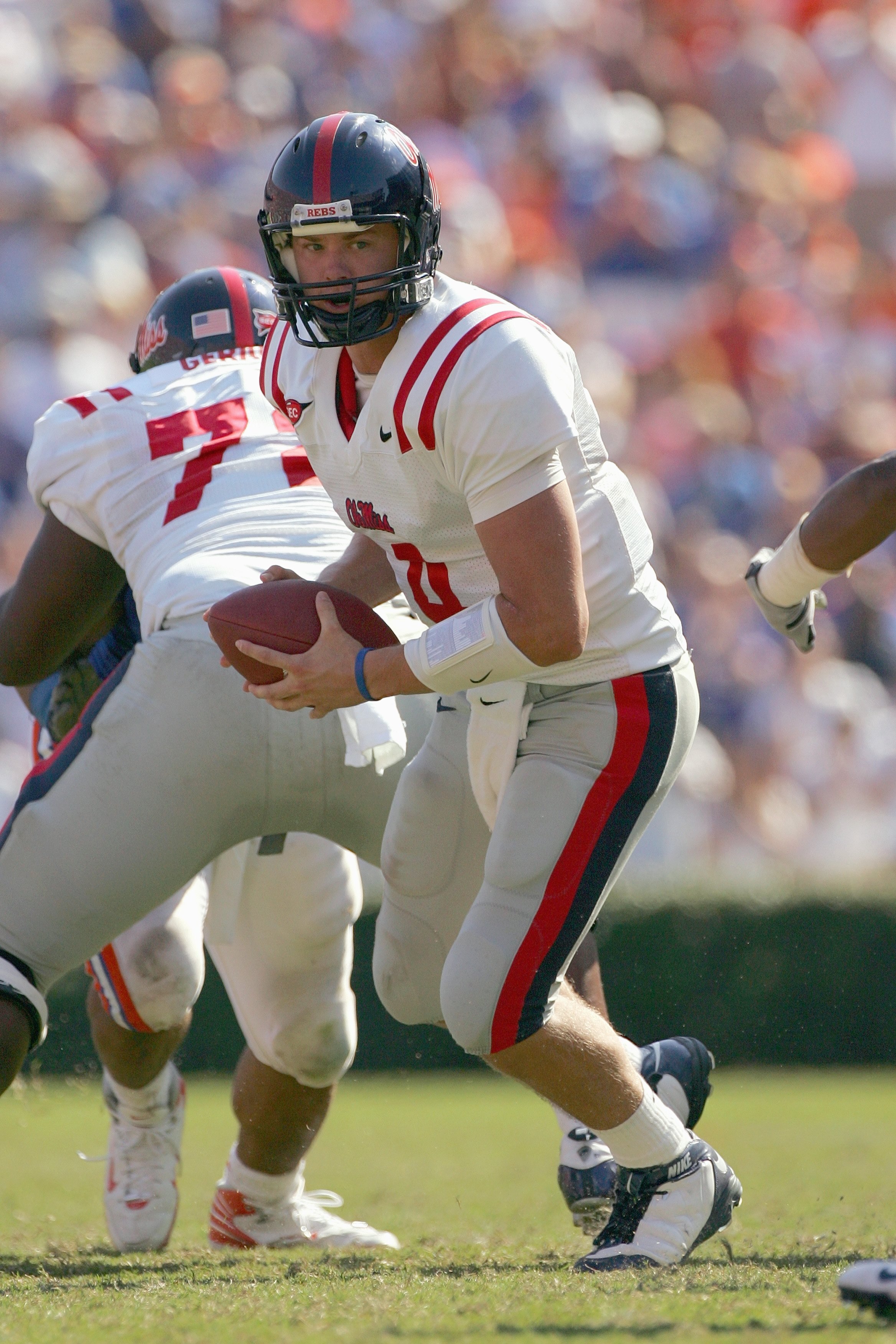 GAINESVILLE, FL - SEPTEMBER 27:  Quarterback Jevan Snead #4 Mississippi Rebels drops back with the ball during the game against the Florida Gators during the game at Ben Hill Griffin Stadium on September 27, 2008 in Gainesville, Florida.  (Photo by Sam Gr