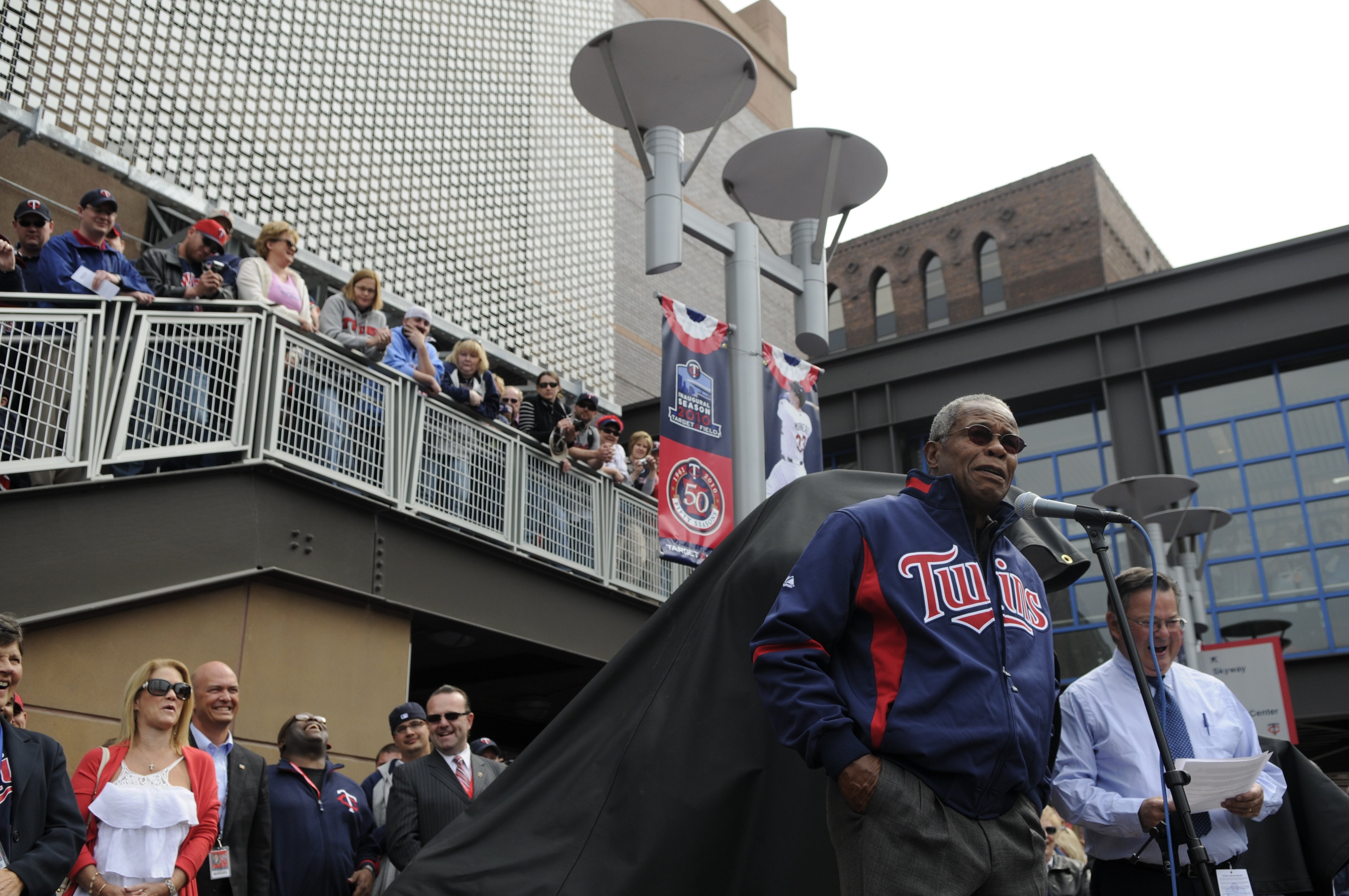 MINNEAPOLIS, MN - APRIL 12: Hall of Famer Rod Carew #29 of the Minnesota Twins speaks at the Kirby Puckett statue unveiling prior to a game between the Boston Red Sox and Minnesota Twins during the Twins home opener at Target Field on April 12, 2010 in Mi