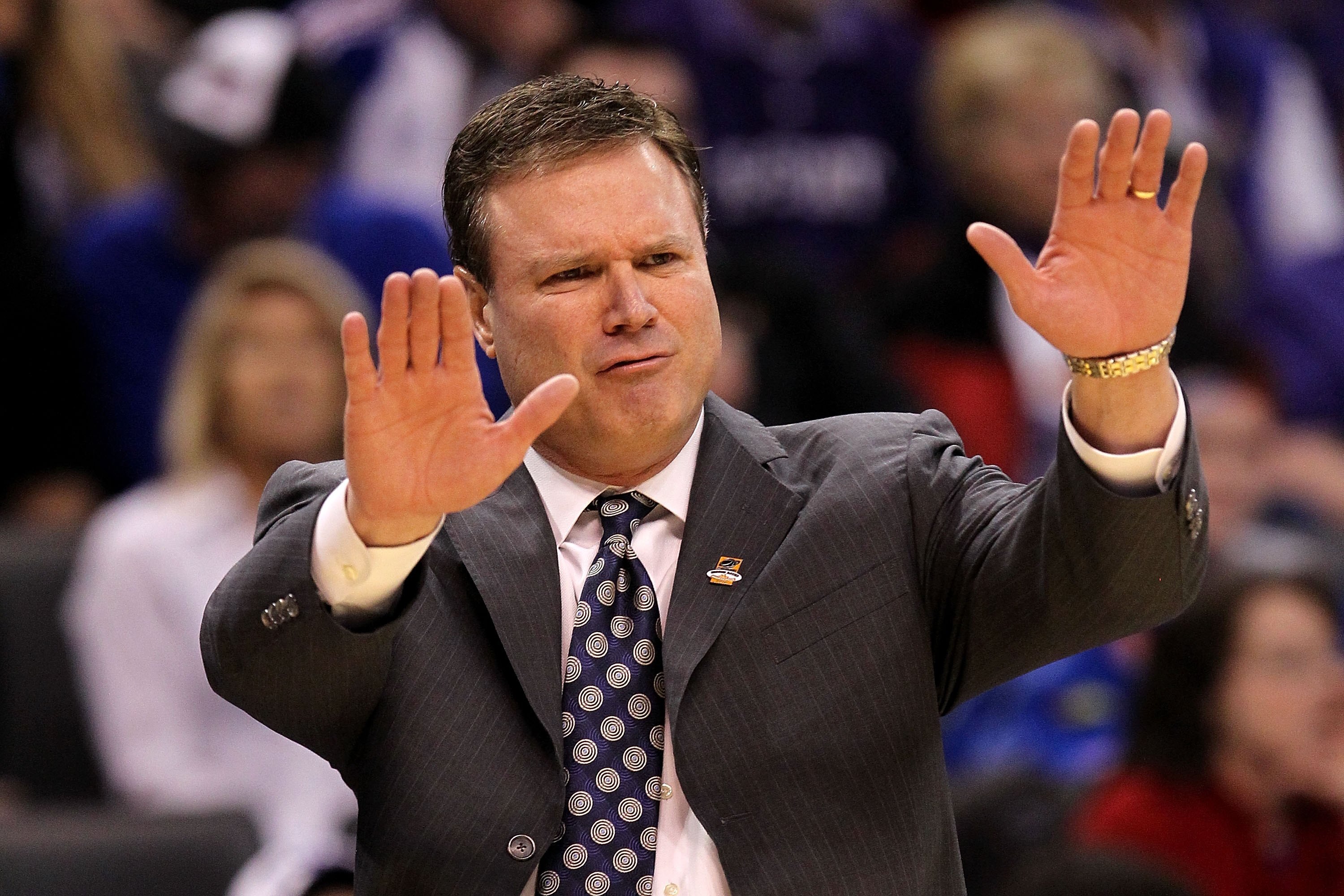 OKLAHOMA CITY - MARCH 20:  Head coach Bill Self of the Kansas Jayhawks reacts against the Northern Iowa Panthers during the second round of the 2010 NCAA men's basketball tournament at Ford Center on March 20, 2010 in Oklahoma City, Oklahoma.  (Photo by R