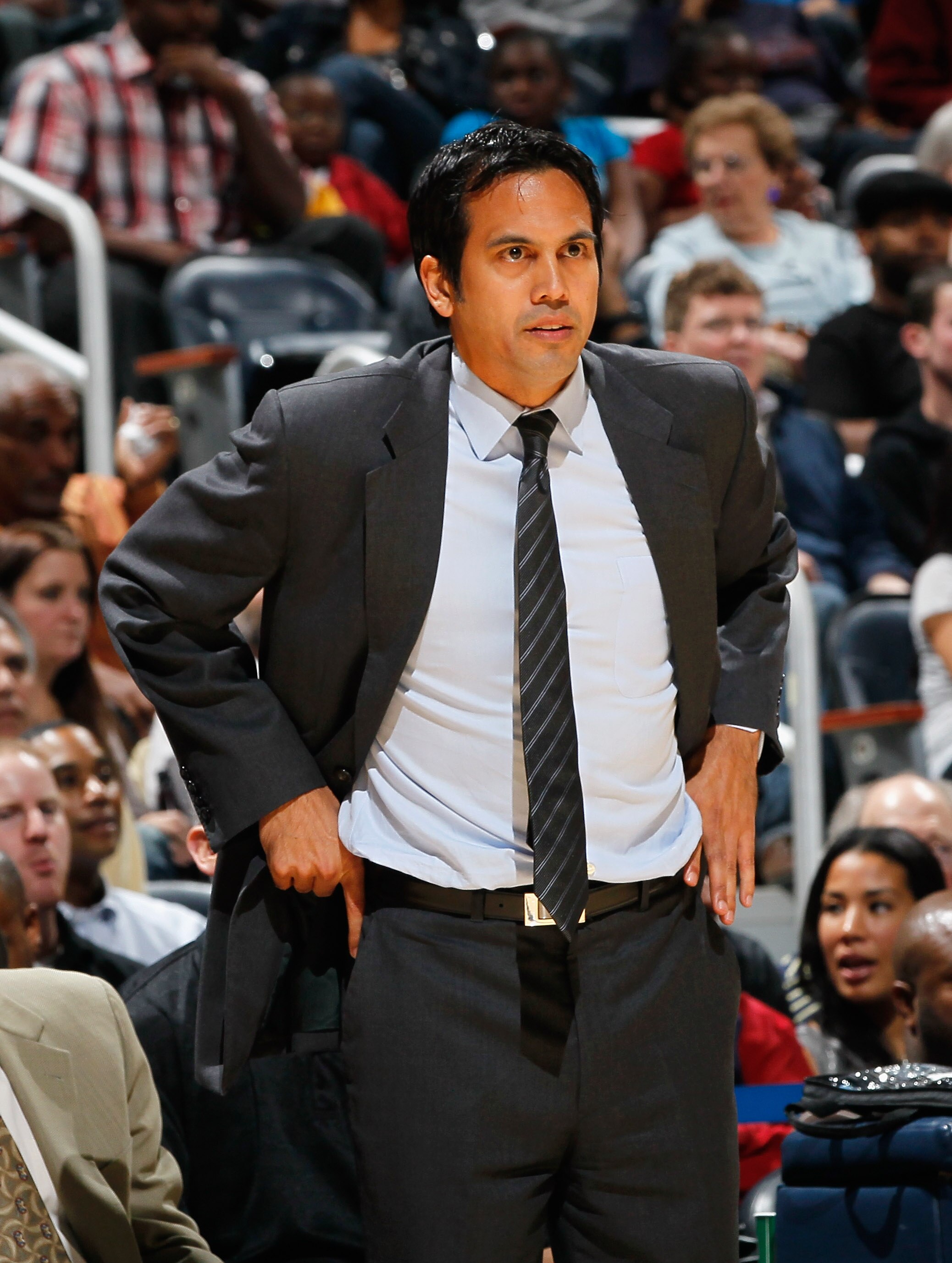 ATLANTA - OCTOBER 21:  Head coach Erik Spoelstra of the Miami Heat against the Atlanta Hawks at Philips Arena on October 21, 2010 in Atlanta, Georgia.  (Photo by Kevin C. Cox/Getty Images)