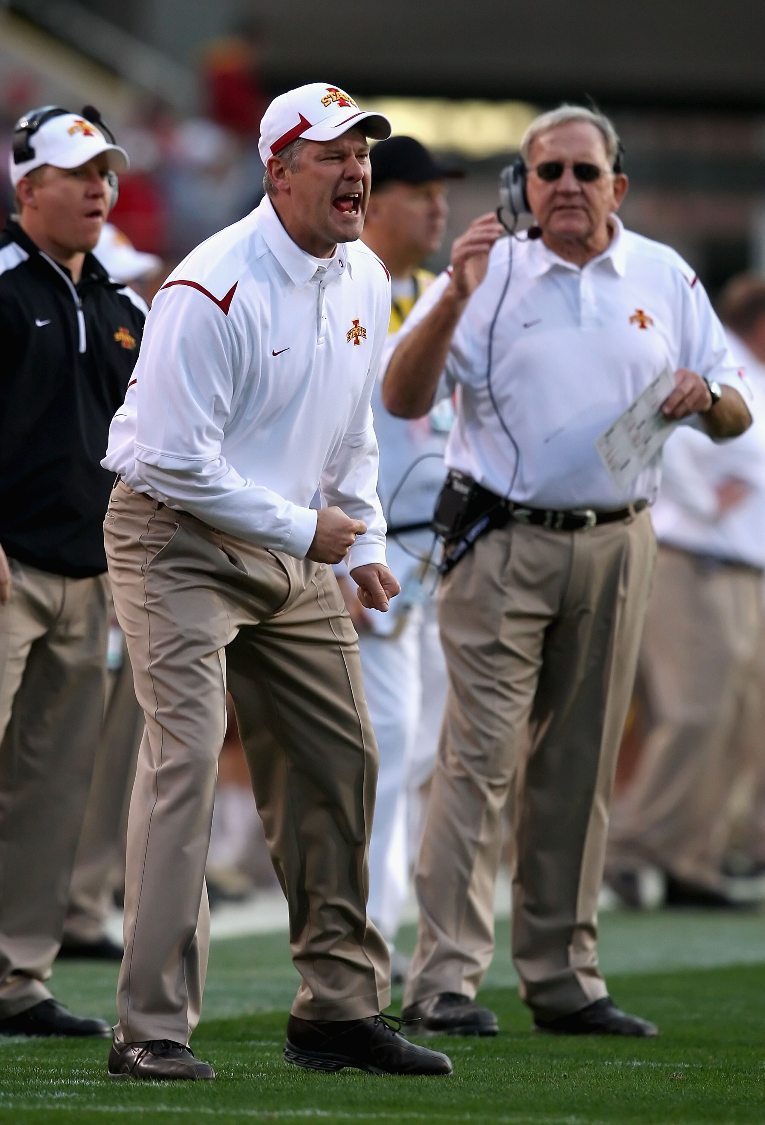 Tempe, AZ - DECEMBER 31: Head coach Paul Rhoads of the Iowa State Cyclones reacts to a call during the Insight Bowl against the Minnesota Golden Gophers at Arizona Stadium on December 31, 2009 in Tempe, Arizona. (Photo by Christian Petersen/Getty Images Tempe, AZ - DECEMBER 31: Head coach Paul Rhoads of the Iowa State Cyclones reacts to a call during the Insight Bowl against the Minnesota Golden Gophers at Arizona Stadium on December 31, 2009 in Tempe, Arizona. (Photo by Christian Petersen/Getty Images