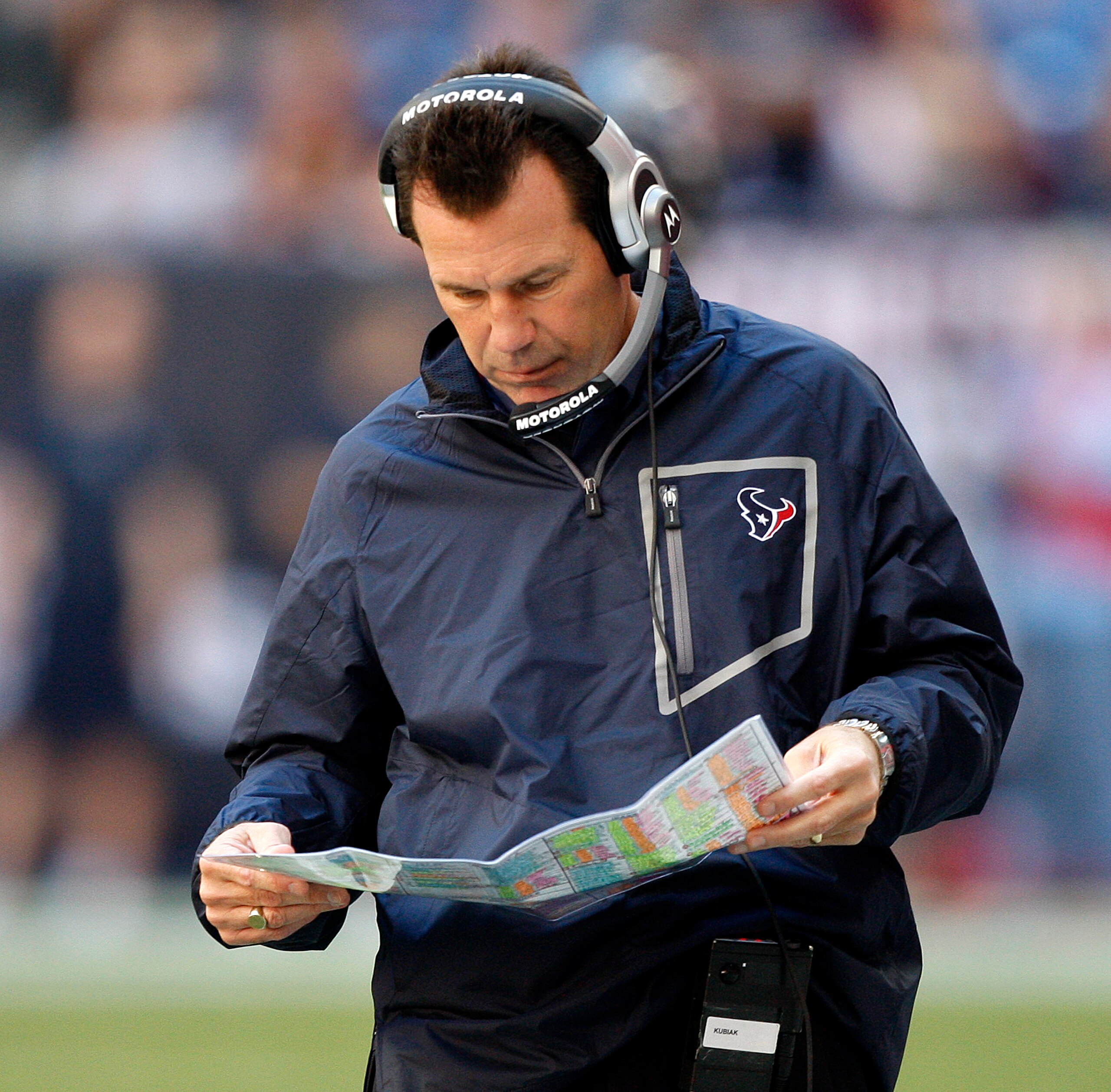 HOUSTON - NOVEMBER 07:  Head coach Gary Kubiak of the Houston Texans checks his play sheet in the fourth quarter during a football game against the San Diego Chargers at Reliant Stadium on November 7, 2010 in Houston, Texas.  (Photo by Bob Levey/Getty Ima