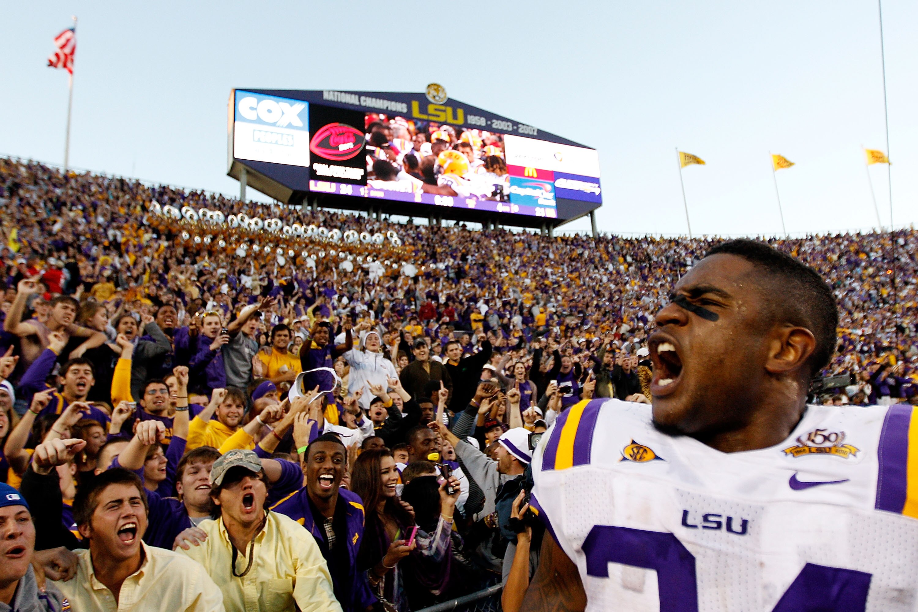 BATON ROUGE, LA - NOVEMBER 06:  Stevan Ridley #34 of the Louisiana State University Tigers celebrates after defeating the Alabama Crimson Tide 24-21  at Tiger Stadium on November 6, 2010 in Baton Rouge, Louisiana.  (Photo by Chris Graythen/Getty Images)