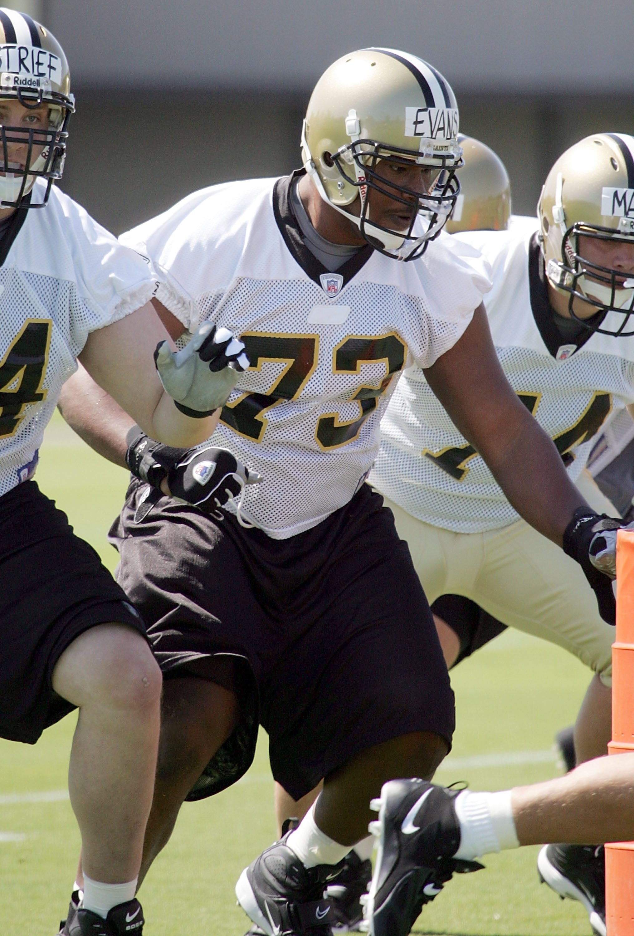 METAIRIE, LA - MAY 13:  Rookie offensive lineman Jahari Evans of the New Orleans Saints practices during Rookie Camp on May 13, 2006 at the Saints Training Facility in Metairie, Louisiana.  (Photo by Sean Gardner/Getty Images)