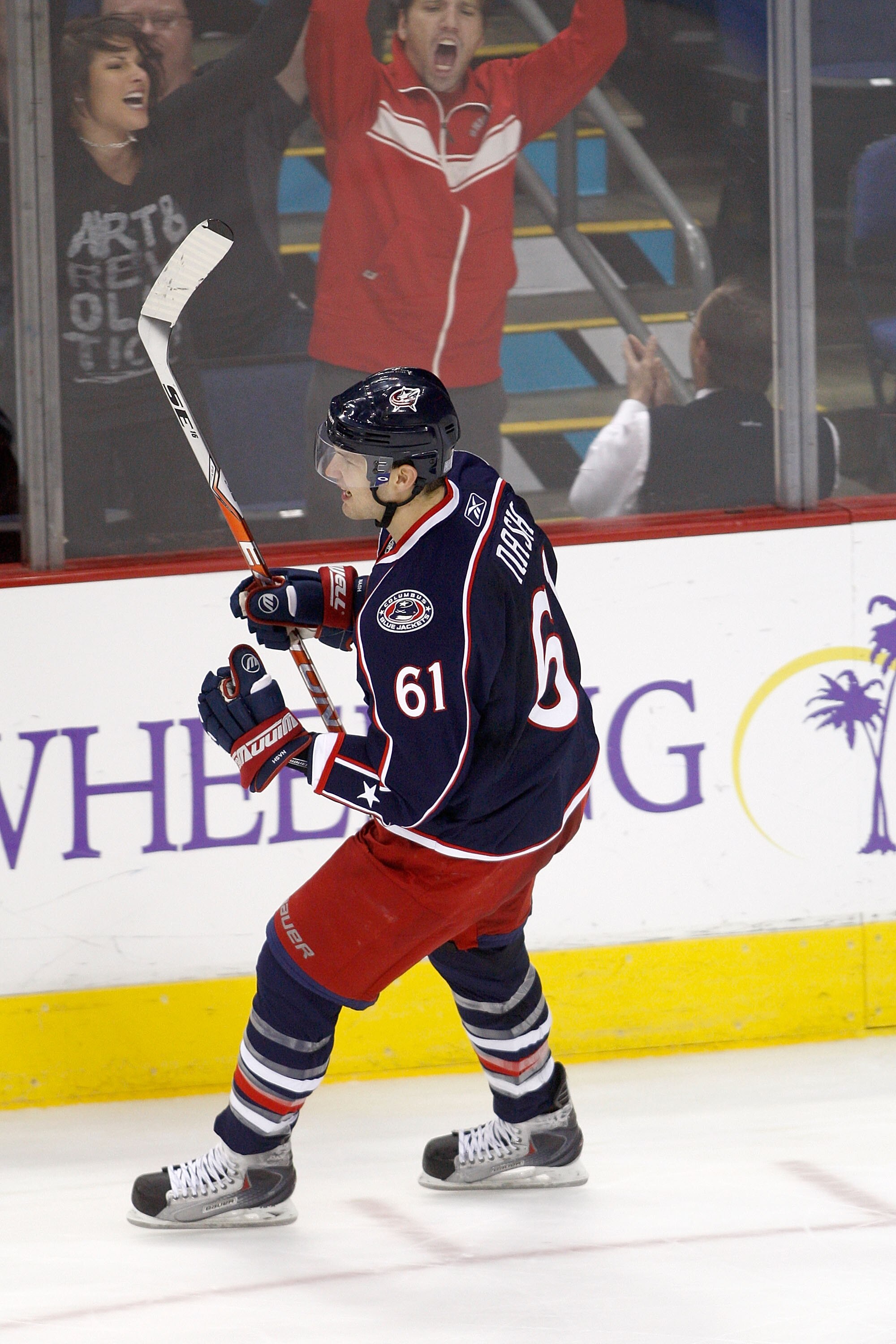 COLUMBUS,OH - OCTOBER 28:  Rick Nash #61 of the Columbus Blue Jackets celebrates after scoring the game winning goal in a shoot out against the Edmonton Oilers on October 28, 2010 at Nationwide Arena in Columbus, Ohio.  Columbus defeated Edmonton 3-2 in a