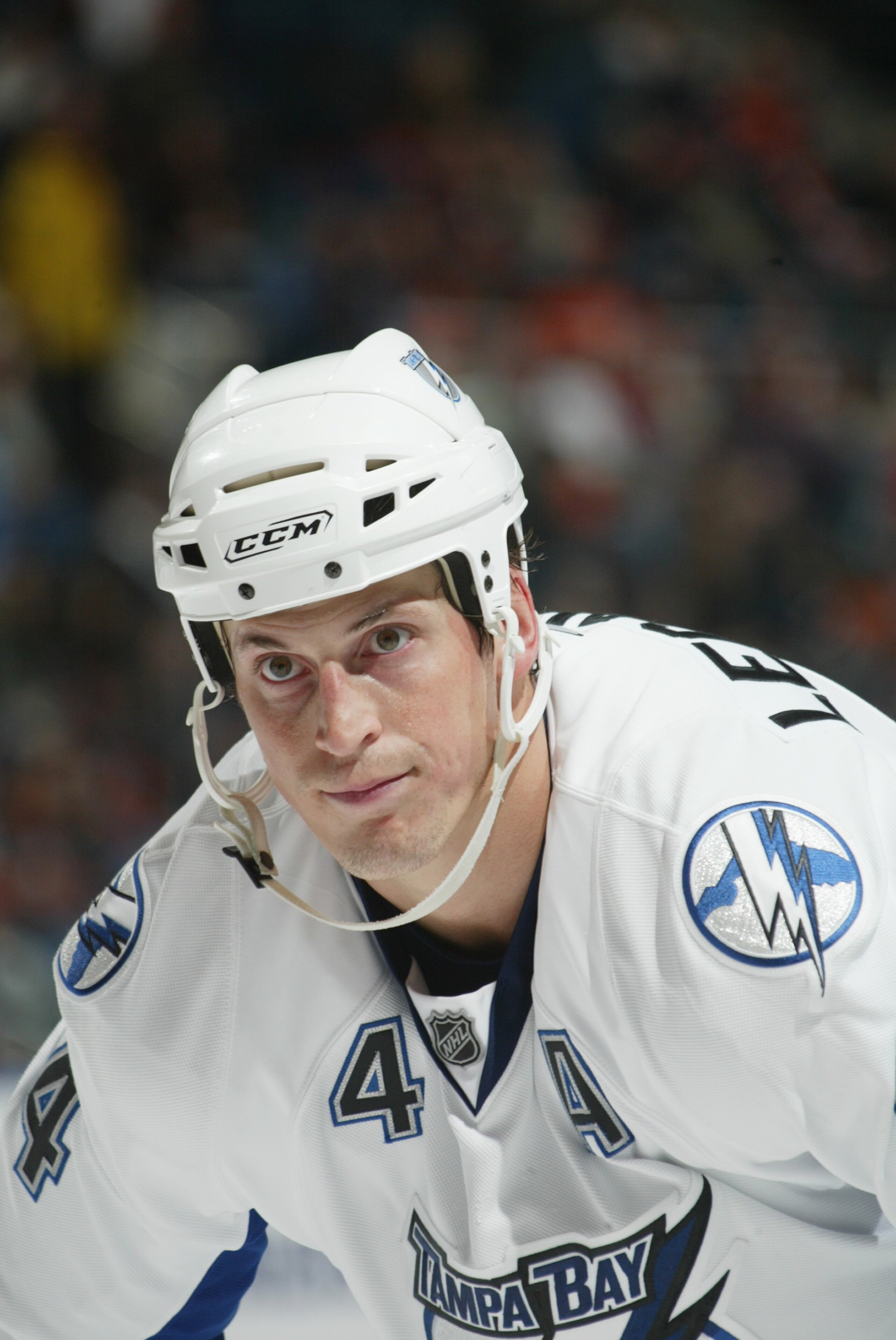 UNIONDALE, NY - FEBRUARY 21:  Vincent Lecavalier #4 of the Tampa Bay Lightning waits for a faceoff against the New York Islanders on February 21, 2008 at the Nassau Coliseum in Uniondale, New York. The Islanders defeated the Lightning 1-0.  (Photo by Bruc