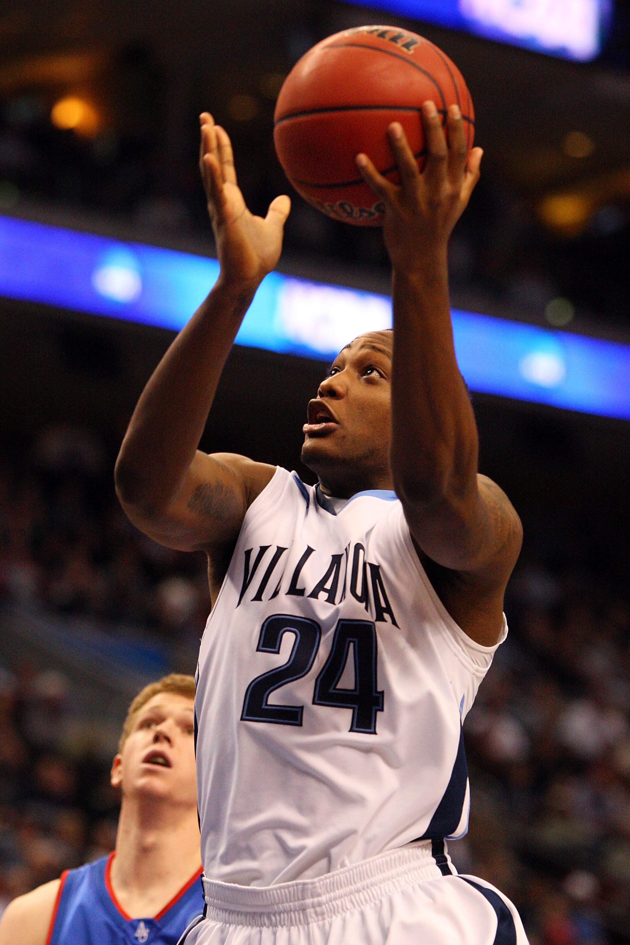 PHILADELPHIA - MARCH 19: Corey Stokes #24 of the Villanova Wildcats shoots against the American Eagles during the first round of the NCAA Division I Men's Basketball Tournament at the Wachovia Center on March 19, 2009 in Philadelphia, Pennsylvania.  (Phot