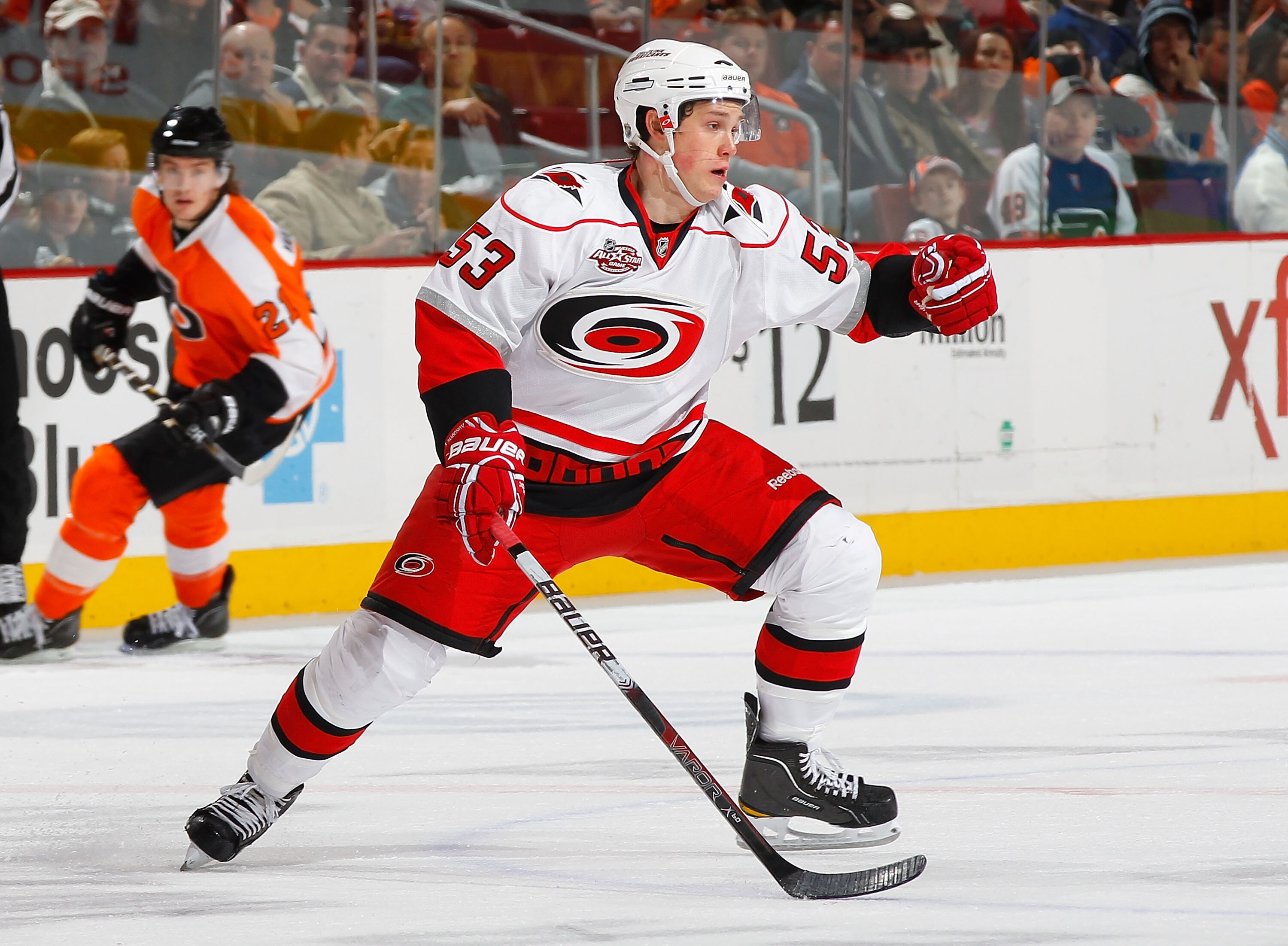 PHILADELPHIA - NOVEMBER 01:  Jeff Skinner #53 of the Carolina Hurricanes skates against the Philadelphia Flyers on November 1, 2010 at the Wells Fargo Center in Philadelphia, Pennsylvania. Flyers defeat the Hurricanes 3-2.  (Photo by Mike Stobe/Getty Imag