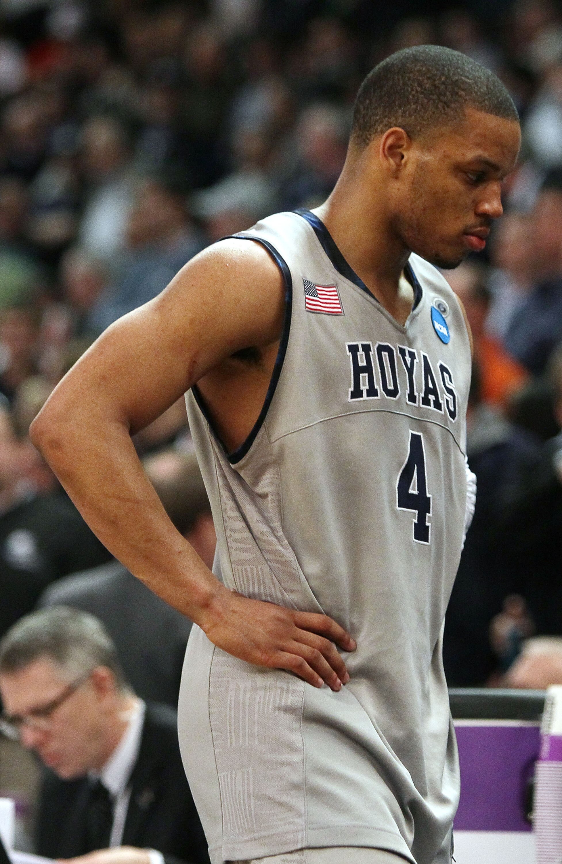 PROVIDENCE, RI - MARCH 18:  Chris Wright #4 of the Georgetown Hoyas walks off the court after the loss to the Ohio Bobcats during the first round of the 2010 NCAA men's basketball tournament on March 18, 2010 at the Dunkin Donuts Arena in Providence, Rhod